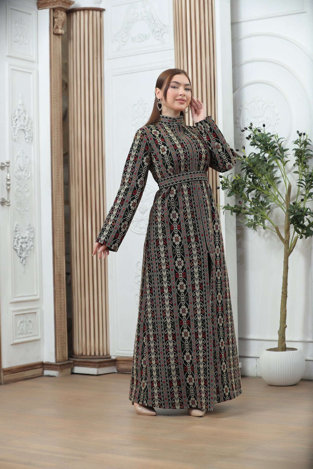 Golden Embroidered Tales Kaftan – Elegant Palestinian Heritage Design