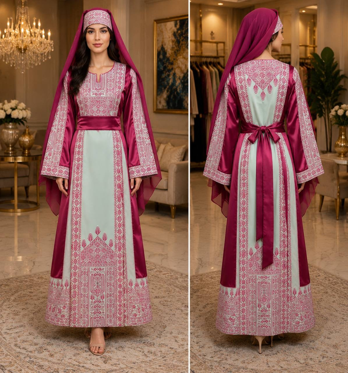 Luxury Palestinian Embroidered Heritage Dress with Matching Head Cover