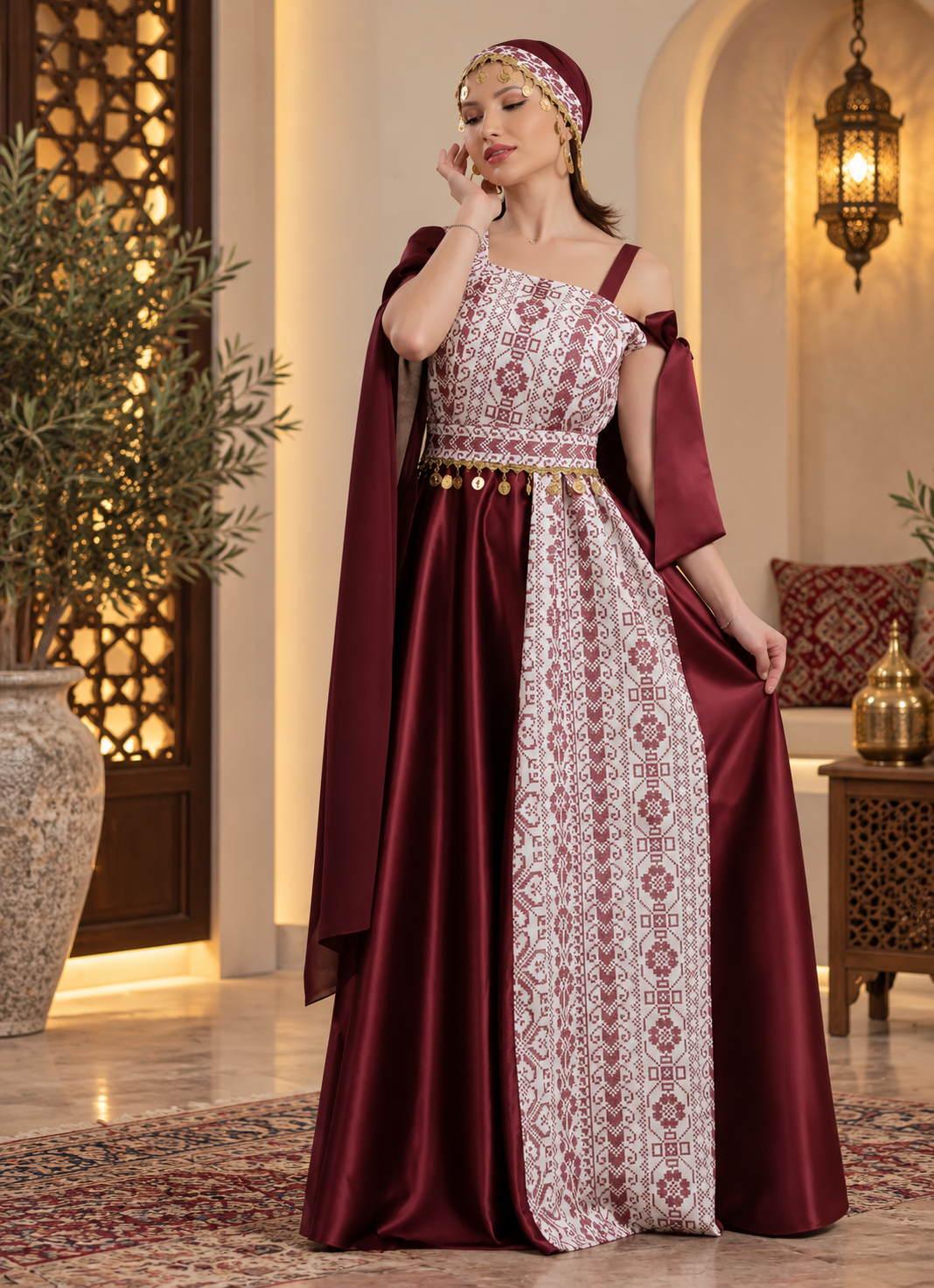 Burgundy Palestinian Embroidered Satin Dress – Elegant Heritage Evening Gown