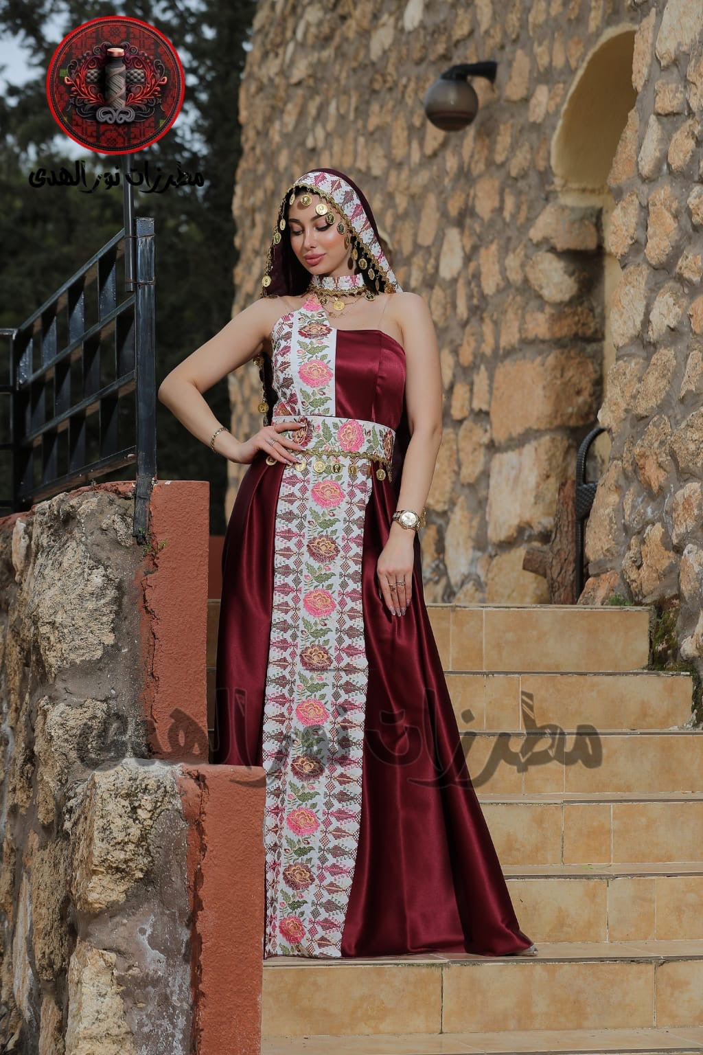 Satin Oriental Embroidered Henna Dress with Traditional Coin Details | Luluat Al-Sham Dress