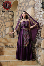 Berry purple Jawharat Al-Henna Dress with Palestinian Tatreez-inspired embroidery, draped head cover, and gold coin details