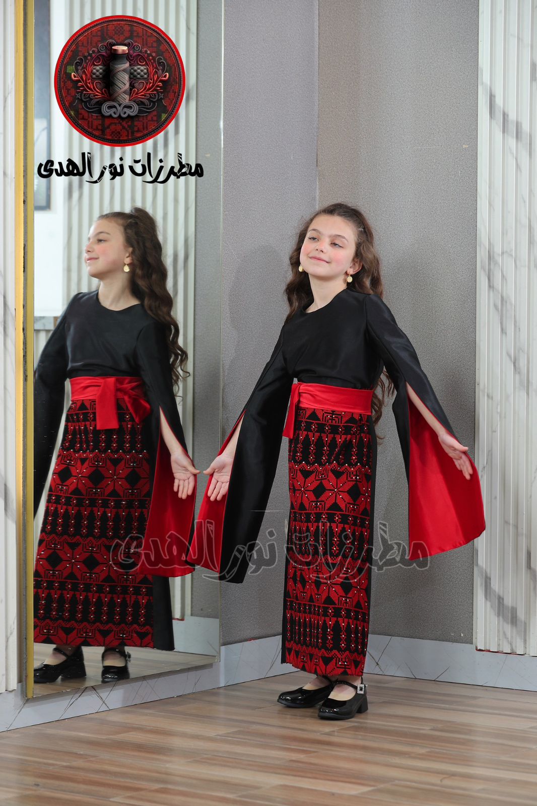 Black girls Oriental embroidered satin dress with red waist sash, split sleeves, and red heritage skirt panel