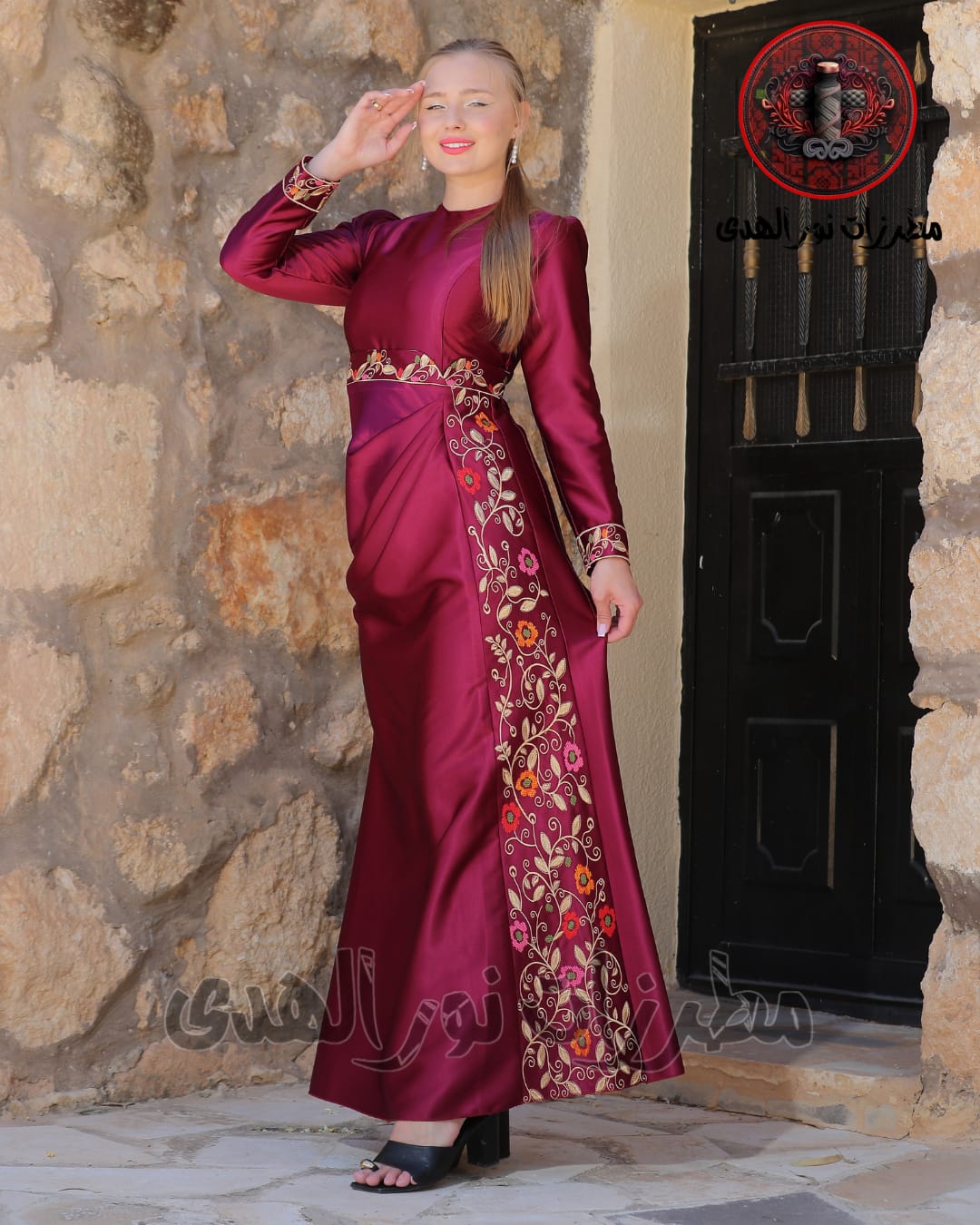 Satin-Look Oriental Embroidered Thobe with Draped Front and Floral Motifs | Al Asala Thobe