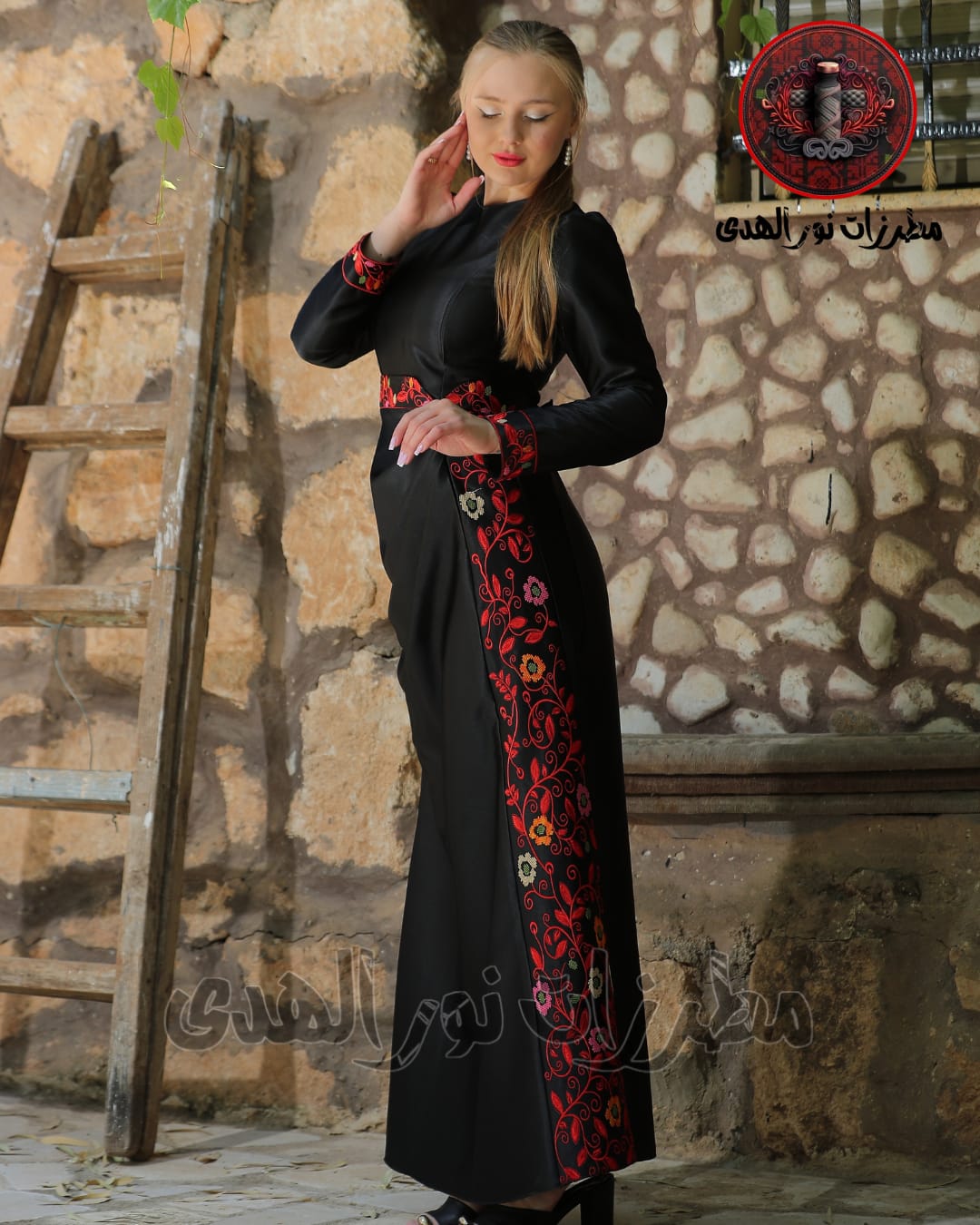 Satin-Look Oriental Embroidered Thobe with Draped Front and Floral Motifs | Al Asala Thobe