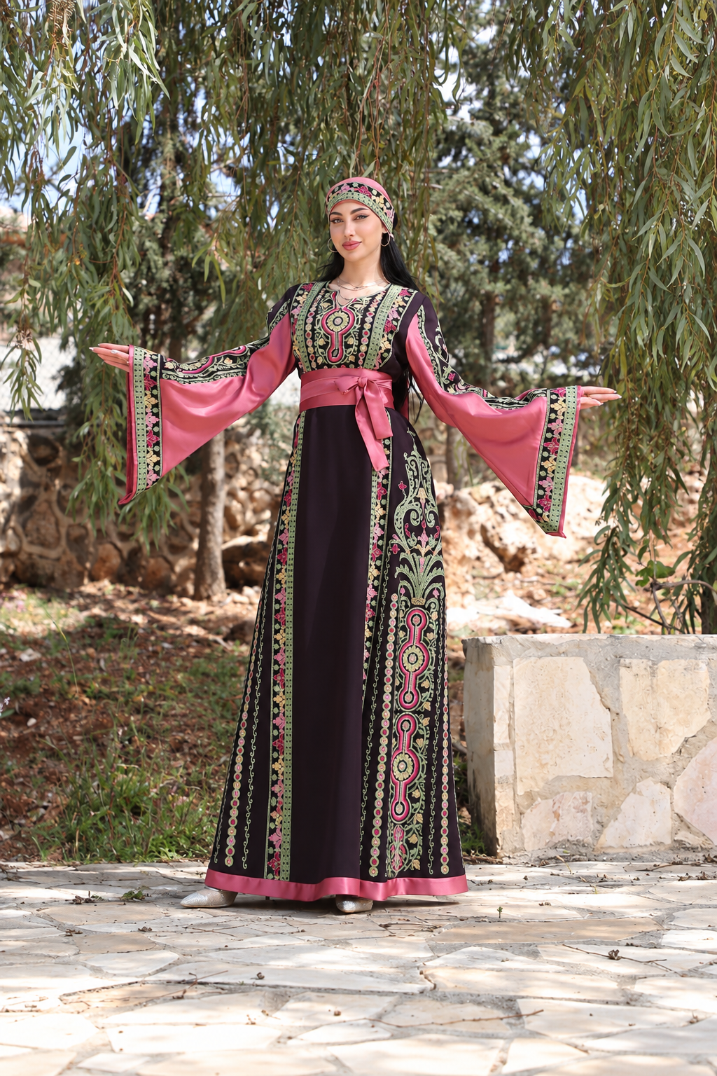 Al Sousana – Palestinian Embroidered Thobe with Matching Embroidered Headpiece in Aghabani Thread
