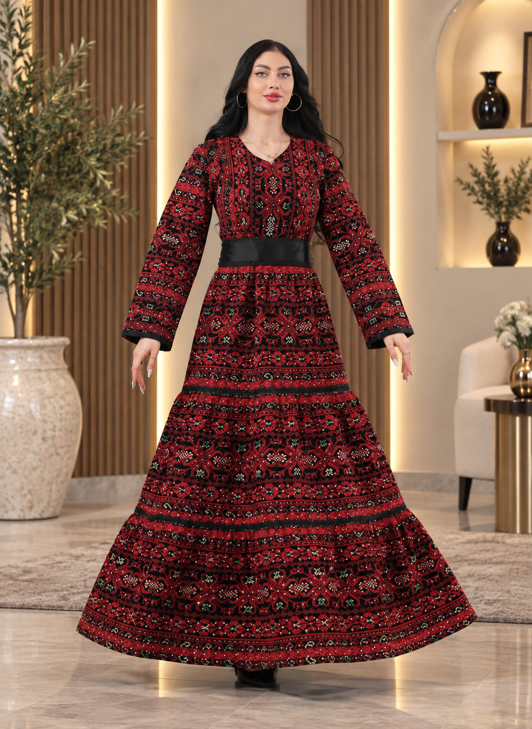 Elegant Red & Black Palestinian Embroidered Maxi Dress – Traditional Heritage Evening Dress