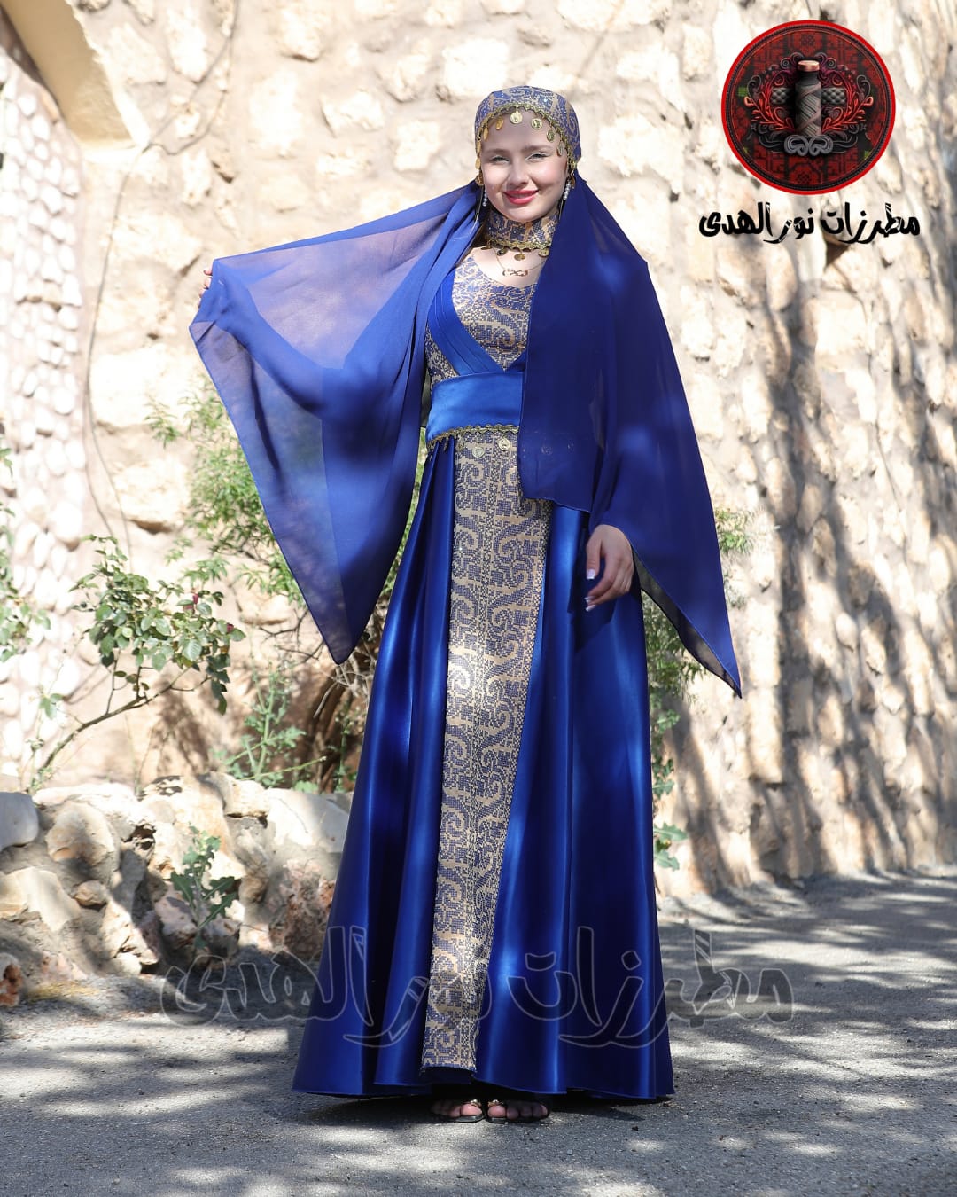 Satin Oriental Embroidered Thobe with Draped Veil Styling and Gold Coin Accents | Al Sundus Thobe