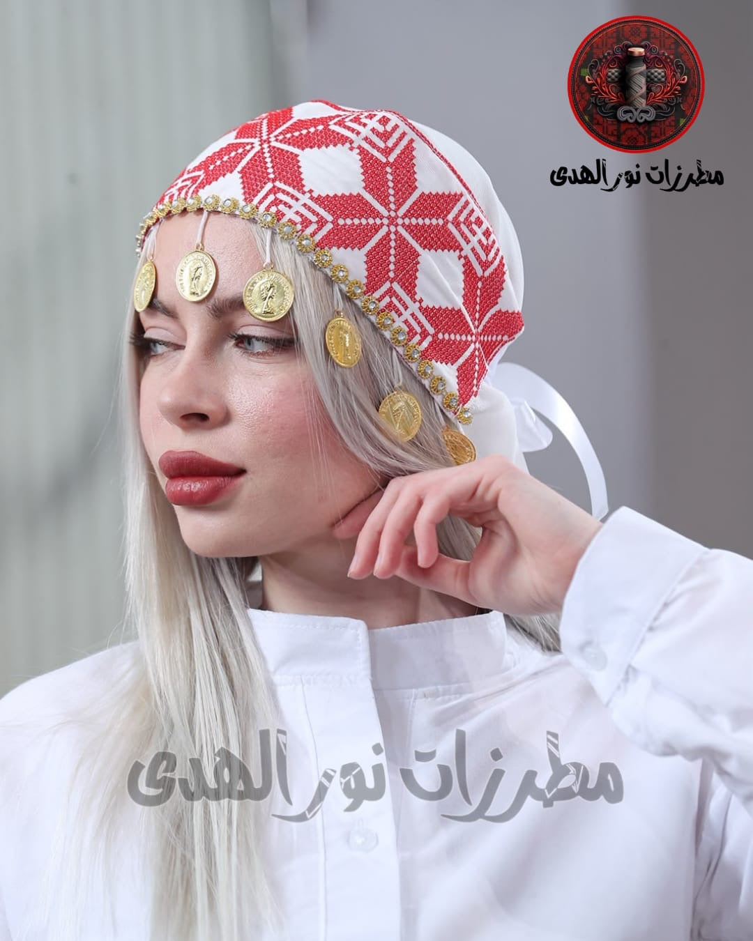 Traditional Palestinian Embroidered Headpiece with Gold Coins