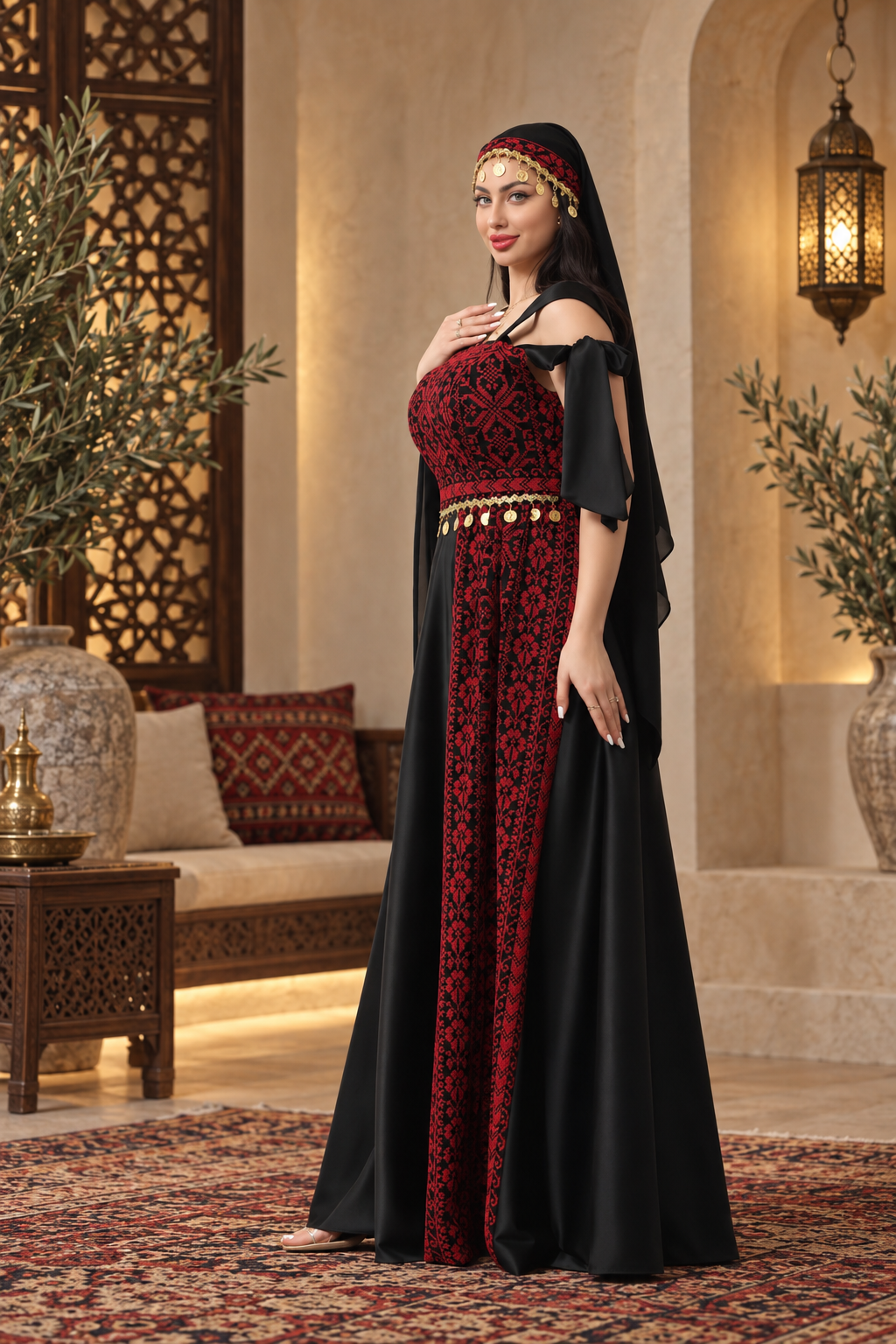 Embroidered Henna Bride Dress – Black & Red Satin with Embroidered Head Piece