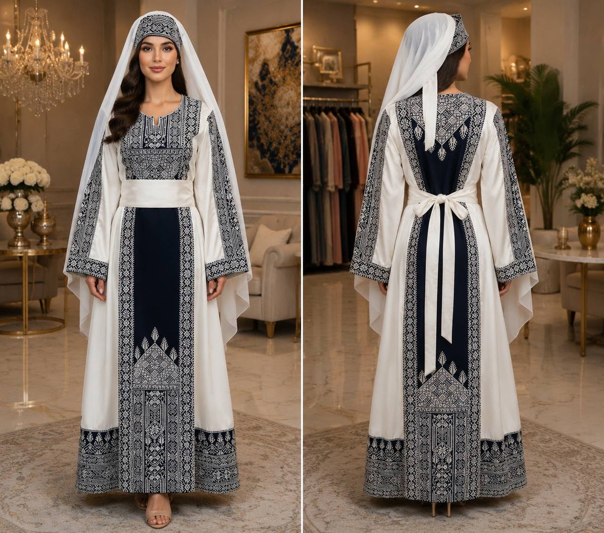 Luxury Palestinian Embroidered Heritage Dress with Matching Head Cover