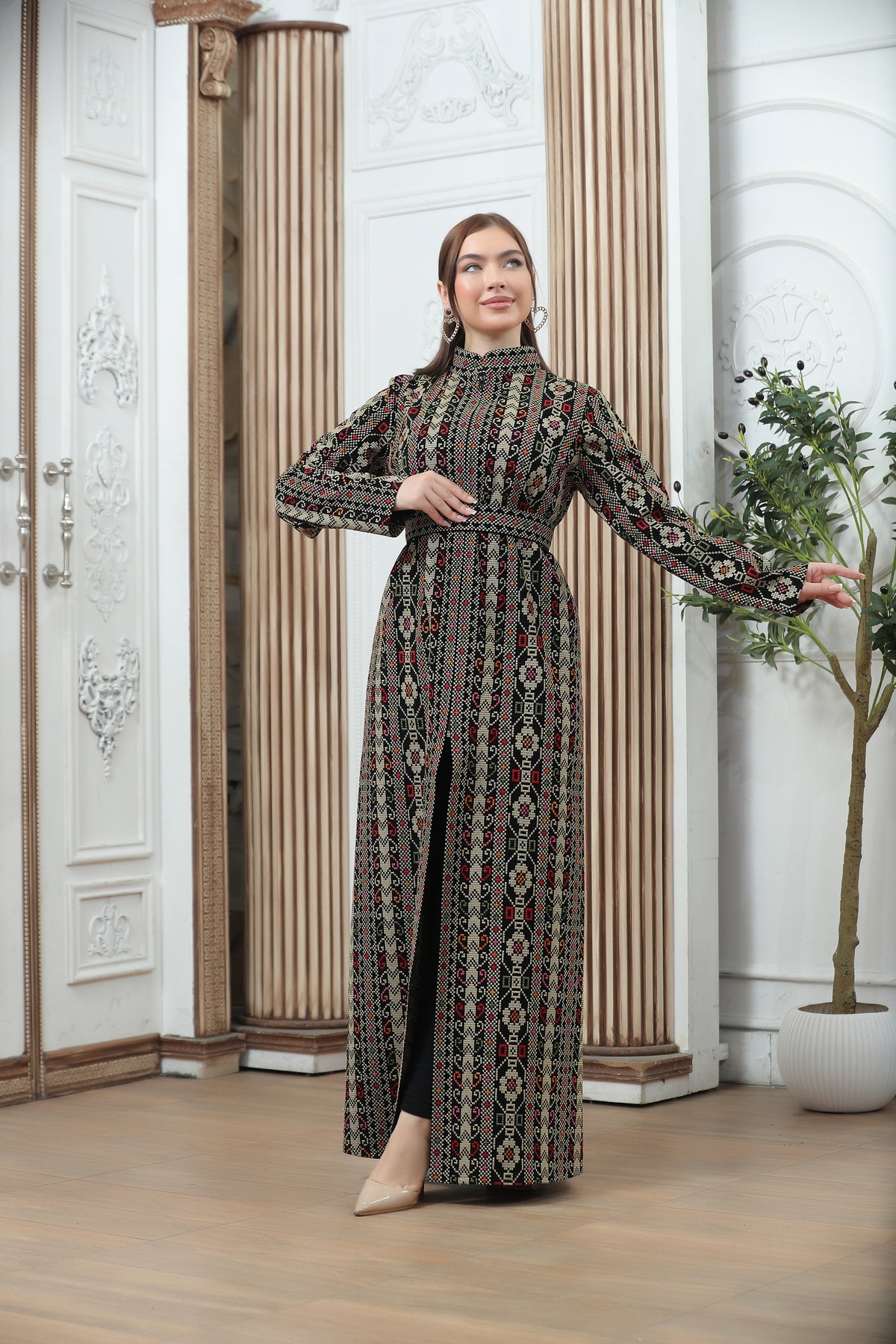 Golden Embroidered Tales Kaftan – Elegant Palestinian Heritage Design