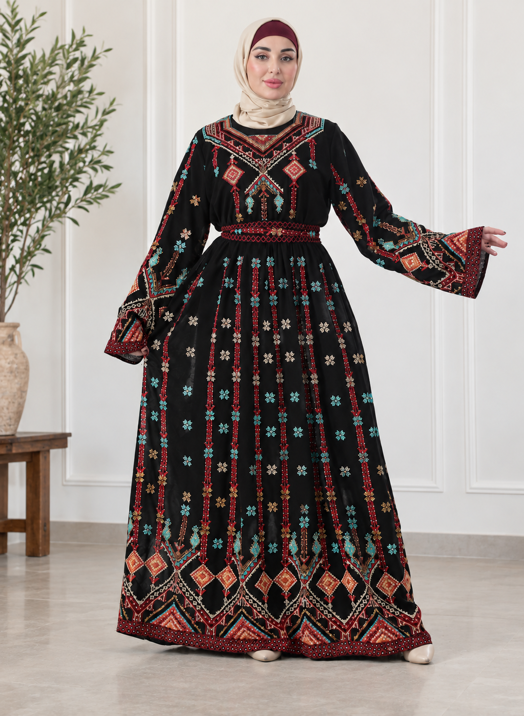 Embroidered Tlas Chiffon Thobe – Traditional Palestinian Inspired Thobe