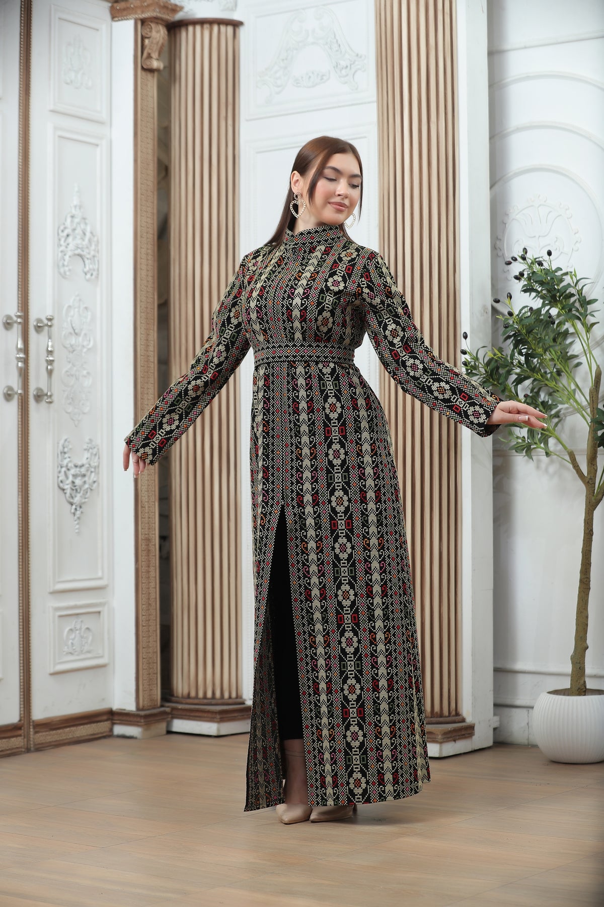 Golden Embroidered Tales Kaftan – Elegant Palestinian Heritage Design