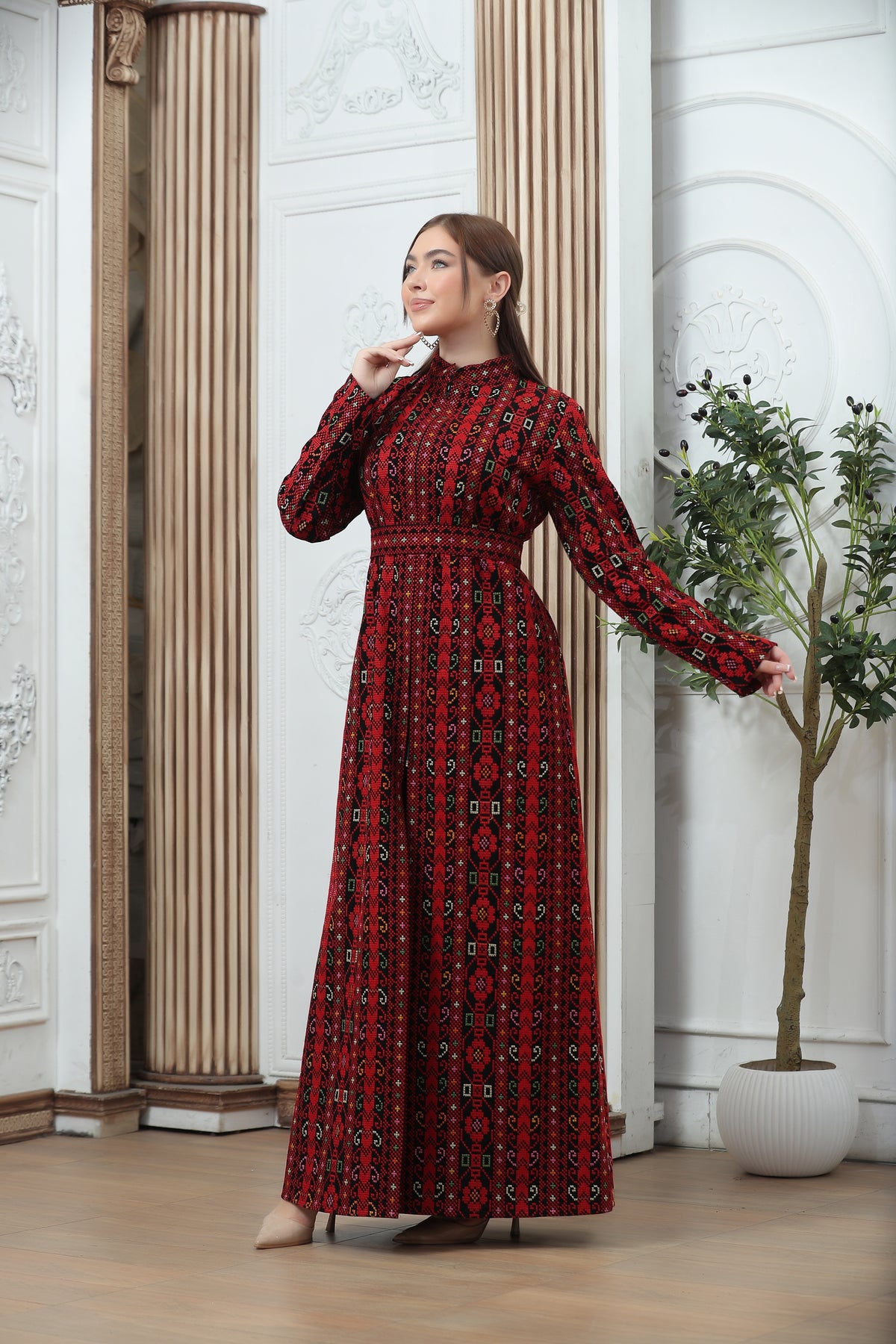 Red Embroidered Tales Kaftan – Elegant Palestinian-Jordanian Heritage Design