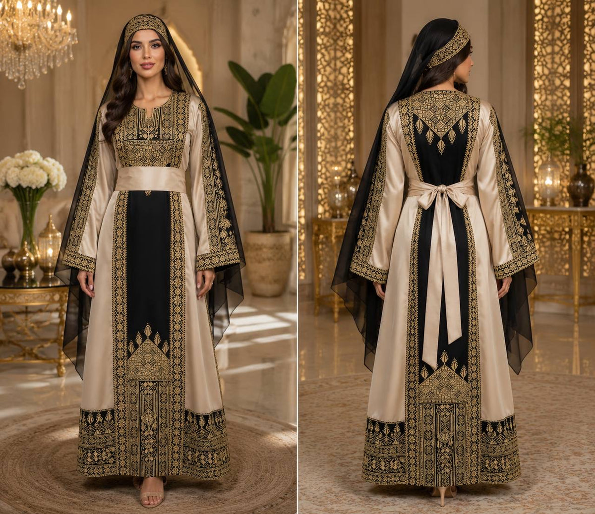 Luxury Palestinian Embroidered Heritage Dress with Matching Head Cover