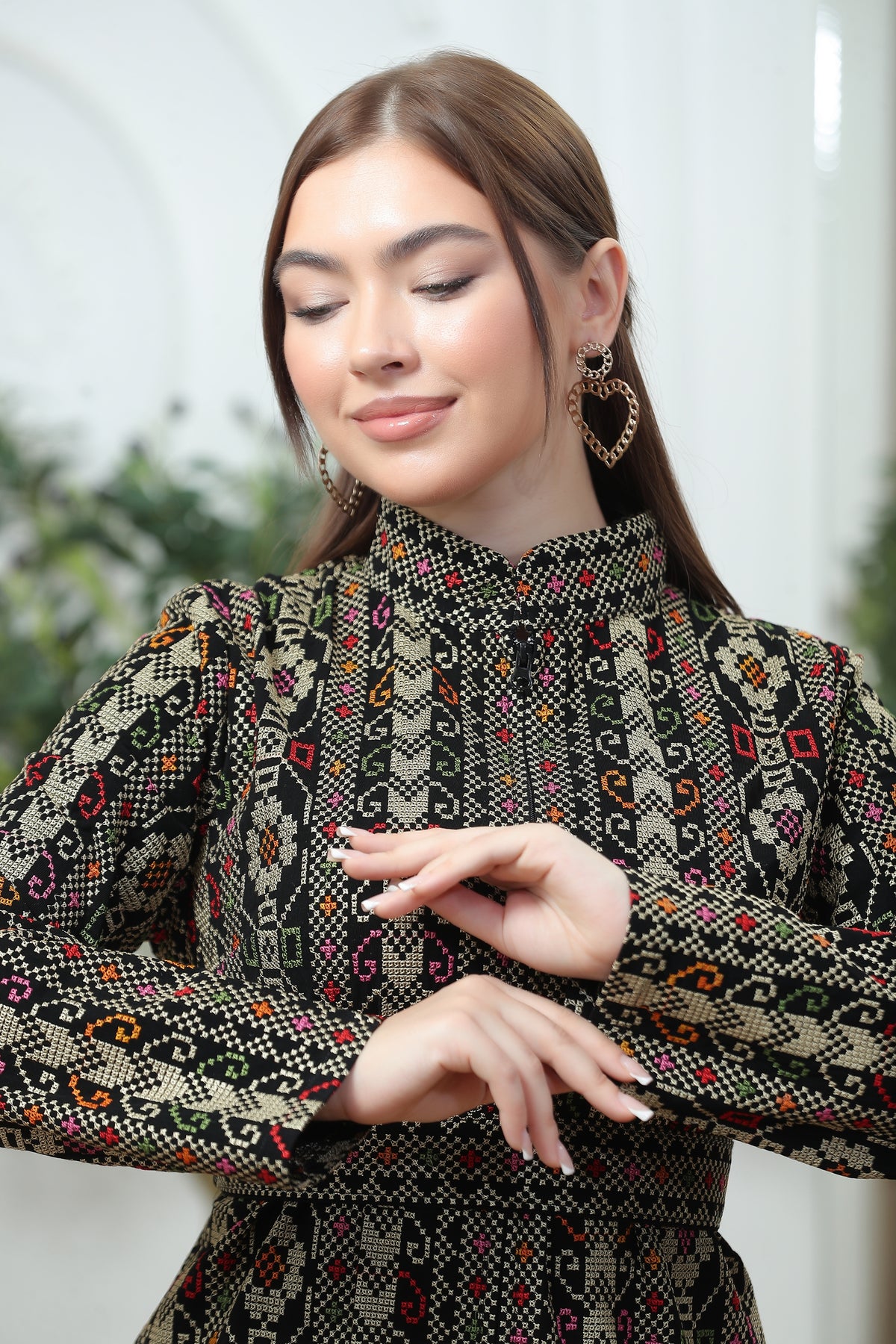 Golden Embroidered Tales Kaftan – Elegant Palestinian Heritage Design