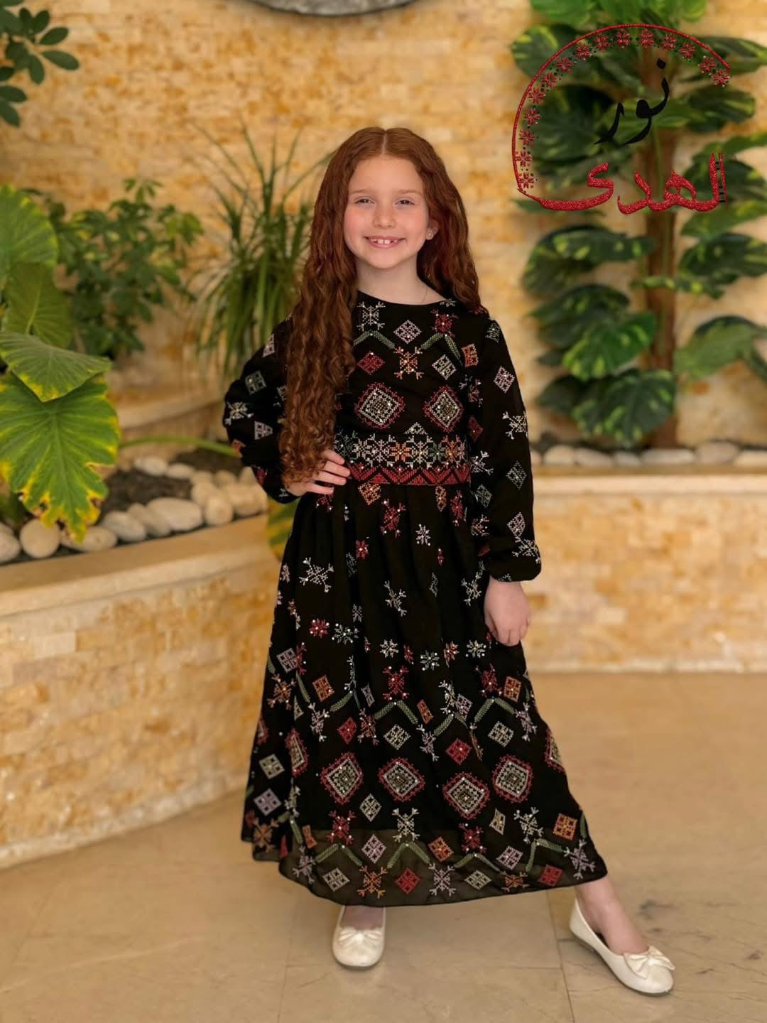 Rose Embroidered Girls’ Traditional Dress – Lined Chiffon Palestinian-Inspired Thobe