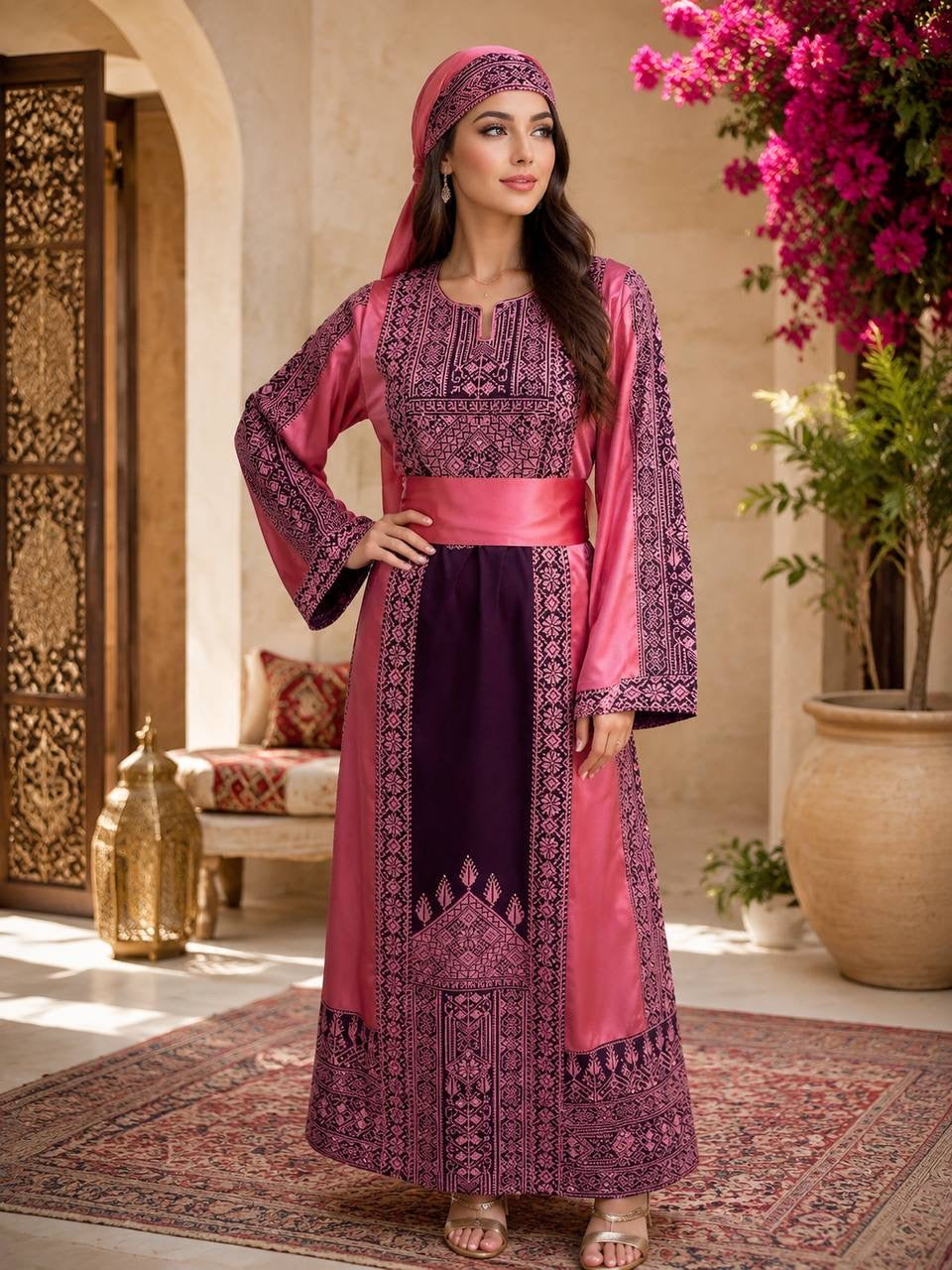 Luxury Palestinian Embroidered Heritage Dress with Matching Head Cover