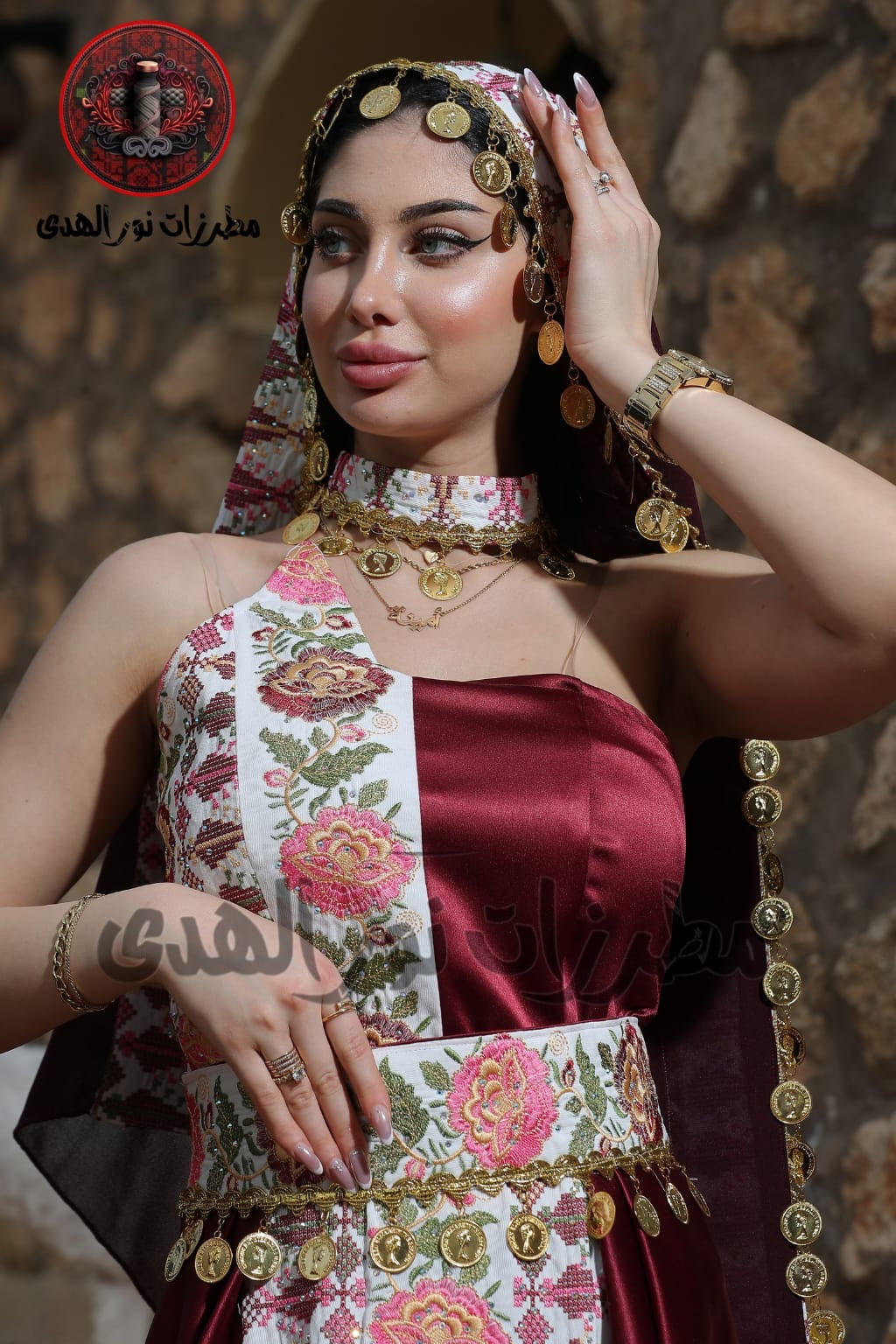 Satin Oriental Embroidered Henna Dress with Traditional Coin Details | Luluat Al-Sham Dress