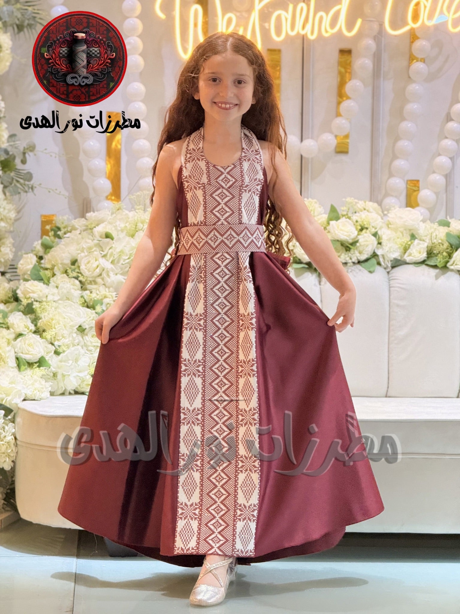 Premium Satin Girls Oriental Embroidered Thobe with Heritage-Inspired Front Panel | Girls Embroidered Thobe