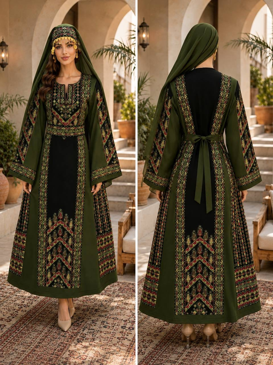 Palestinian Satin Embroidered Thobe | Traditional Palestinian Dress | Authentic Tatreez Heritage Dress