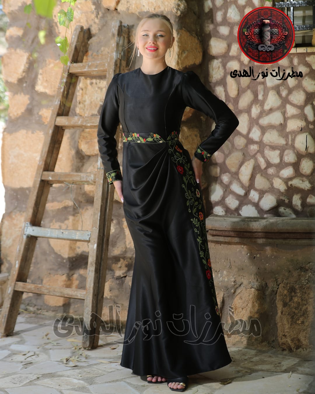 Satin-Look Oriental Embroidered Thobe with Draped Front and Floral Motifs | Al Asala Thobe