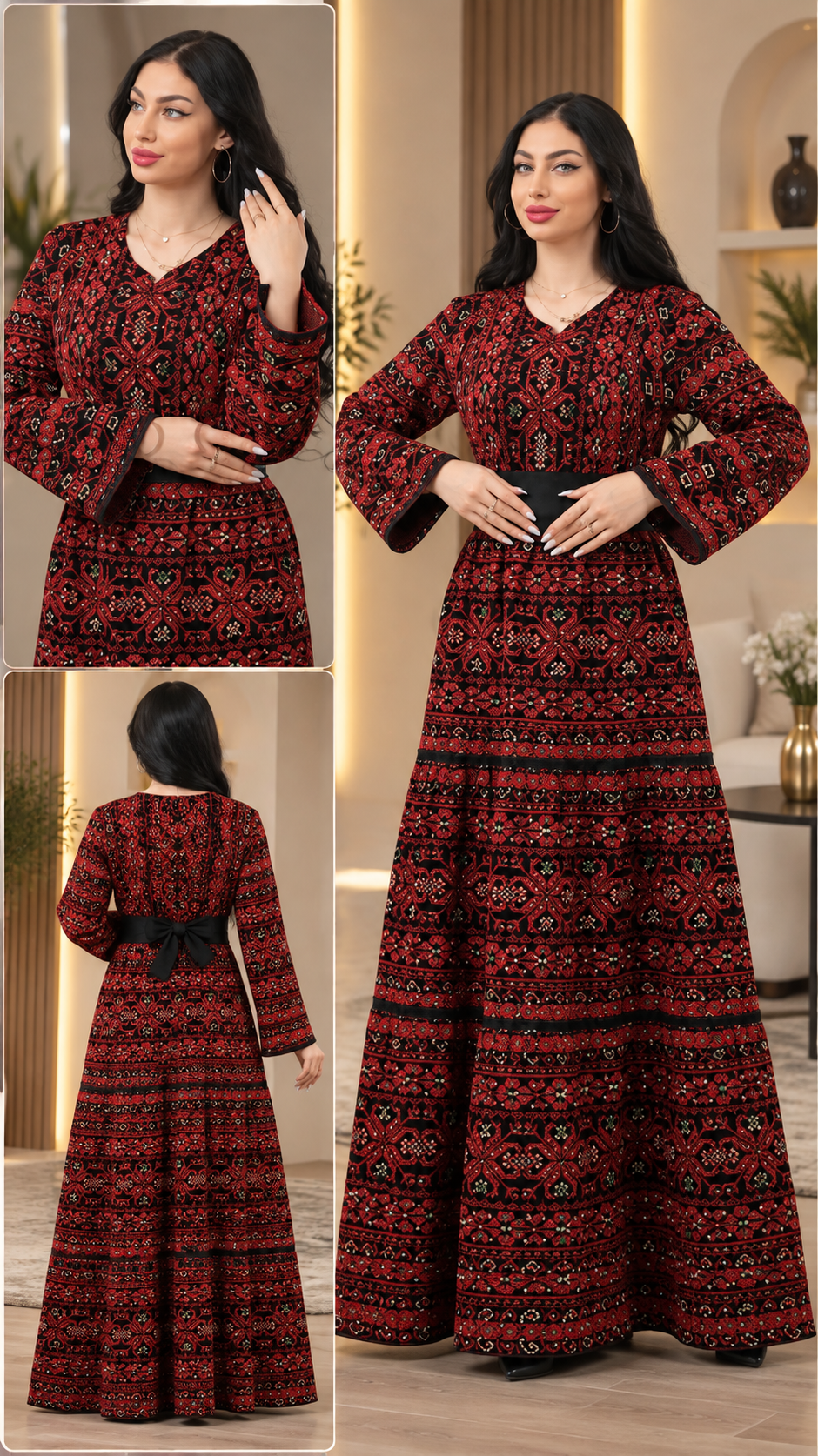 Elegant Red & Black Palestinian Embroidered Maxi Dress – Traditional Heritage Evening Dress