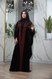 Luxury Black Velvet Embroidered Bisht – Red & Gold Elegant Traditional Cloak