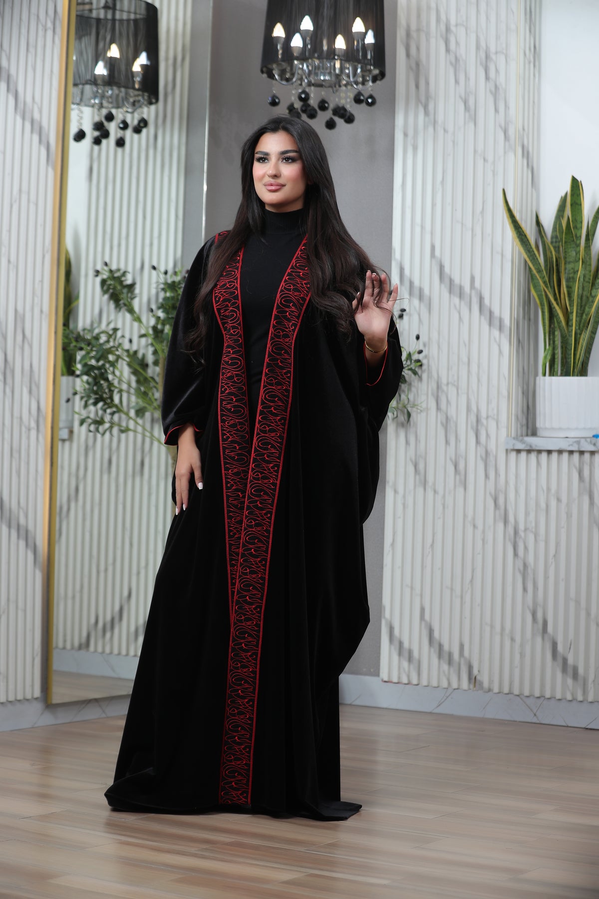 Luxury Black Velvet Embroidered Bisht – Red & Gold Elegant Traditional Cloak