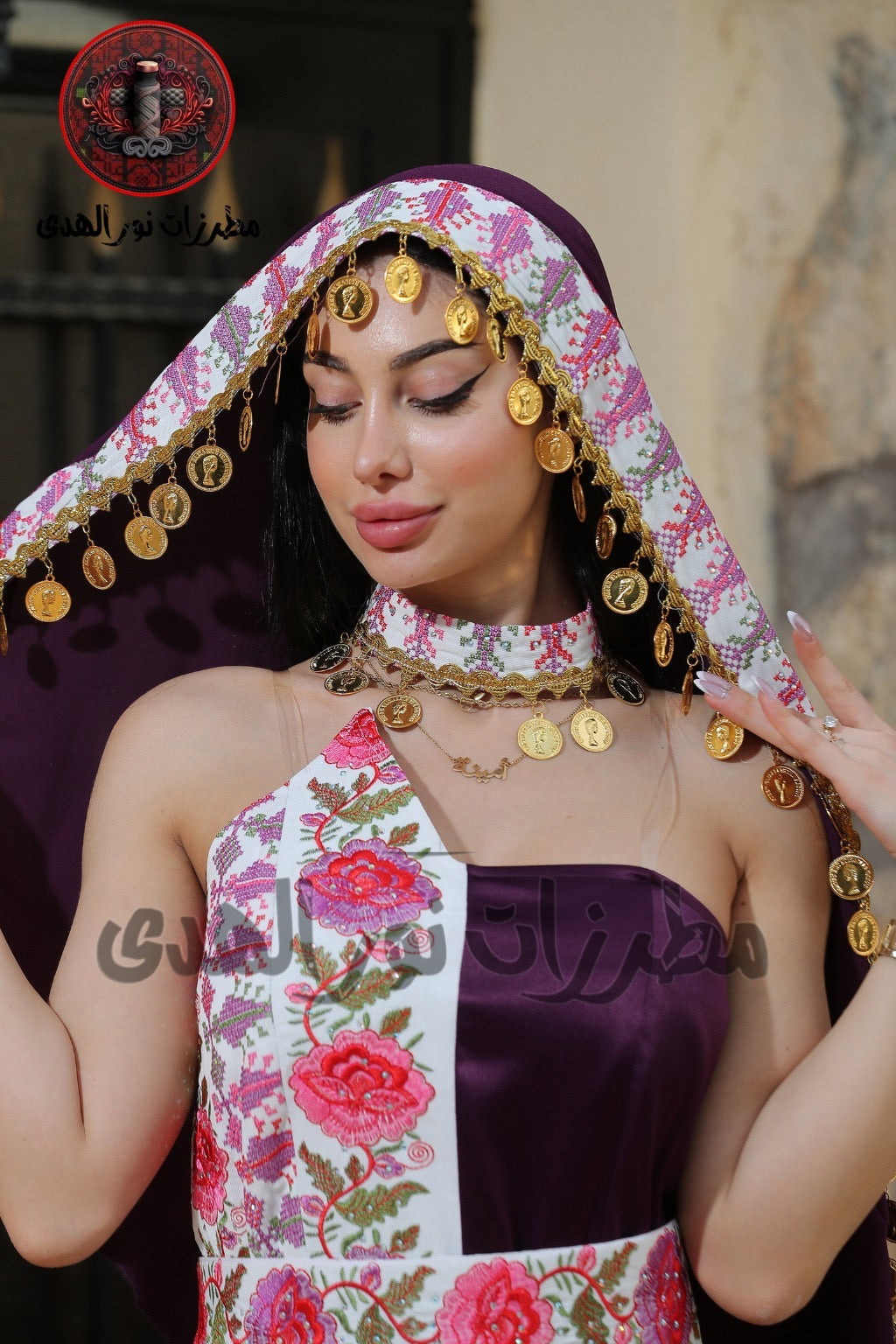 Satin Oriental Embroidered Henna Dress with Traditional Coin Details | Luluat Al-Sham Dress