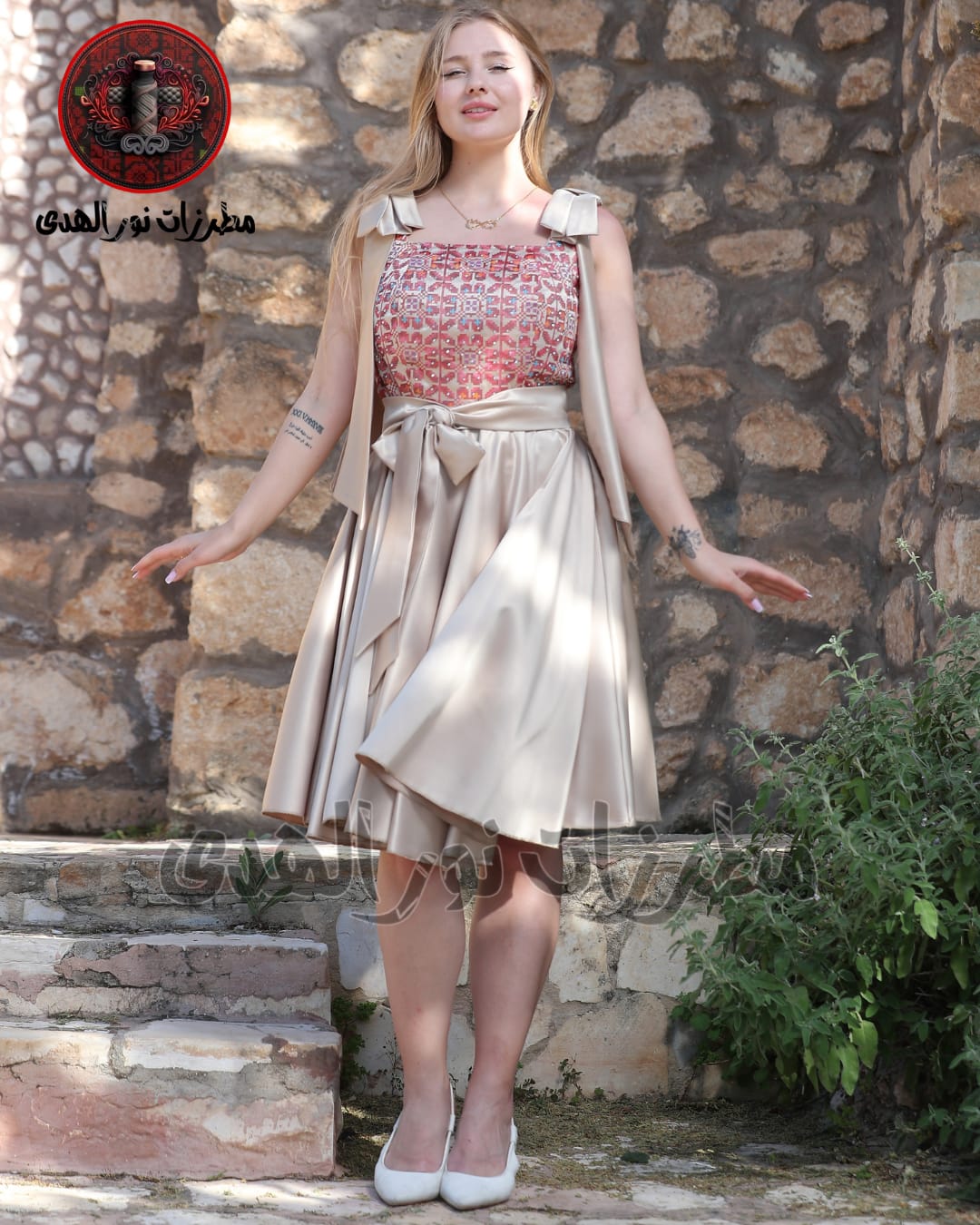 Elegant Embroidered Satin Dress with Statement Bow Straps