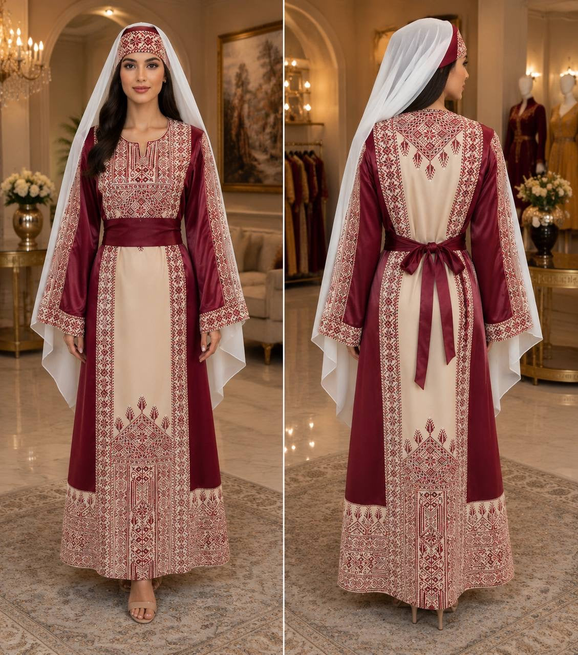 Luxury Palestinian Embroidered Heritage Dress with Matching Head Cover