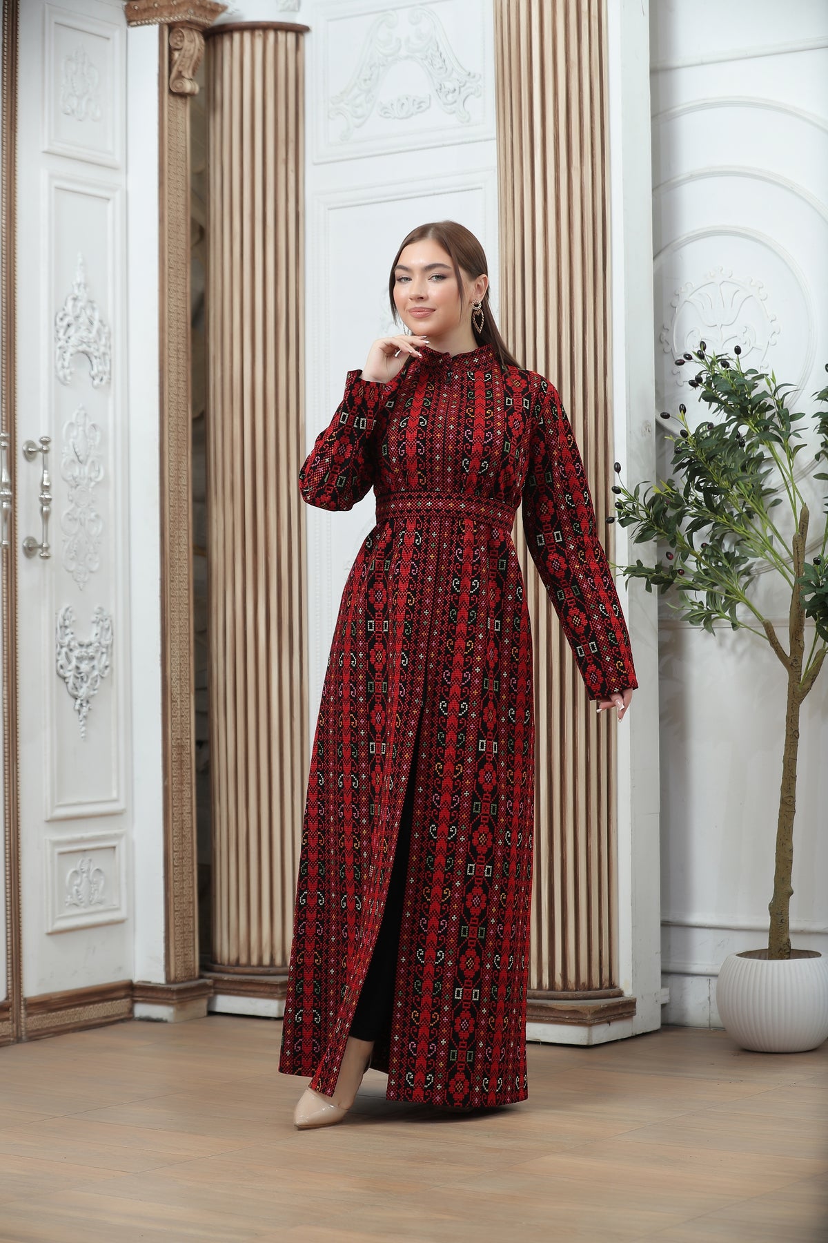 Red Embroidered Tales Kaftan – Elegant Palestinian-Jordanian Heritage Design