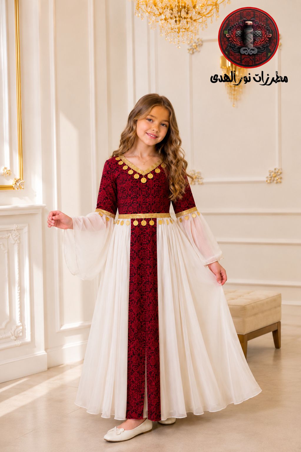 White girls traditional embroidered chiffon dress with red heritage-inspired panel, V-neck, and gold coin details