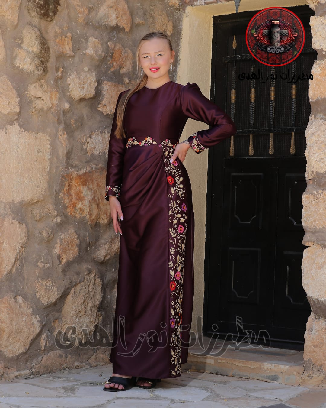 Satin-Look Oriental Embroidered Thobe with Draped Front and Floral Motifs | Al Asala Thobe