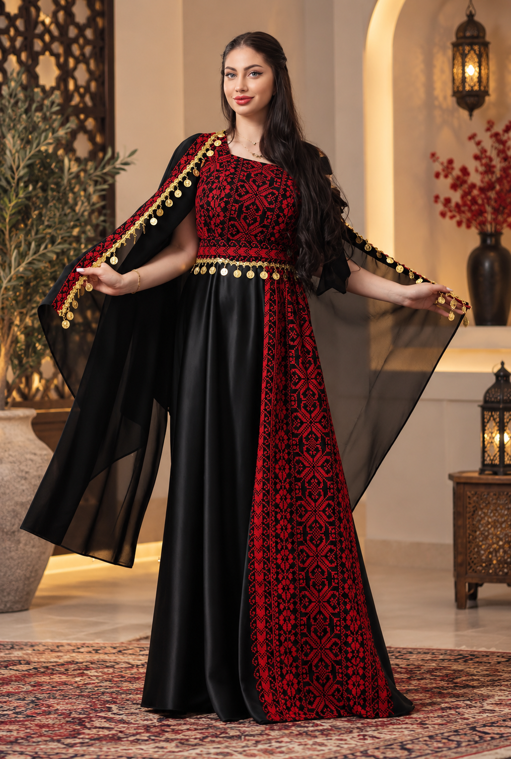 Embroidered Henna Bride Dress – Black & Red Satin with Embroidered Head Piece