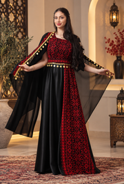 Embroidered Henna Bride Dress – Black & Red Satin with Embroidered Head Piece