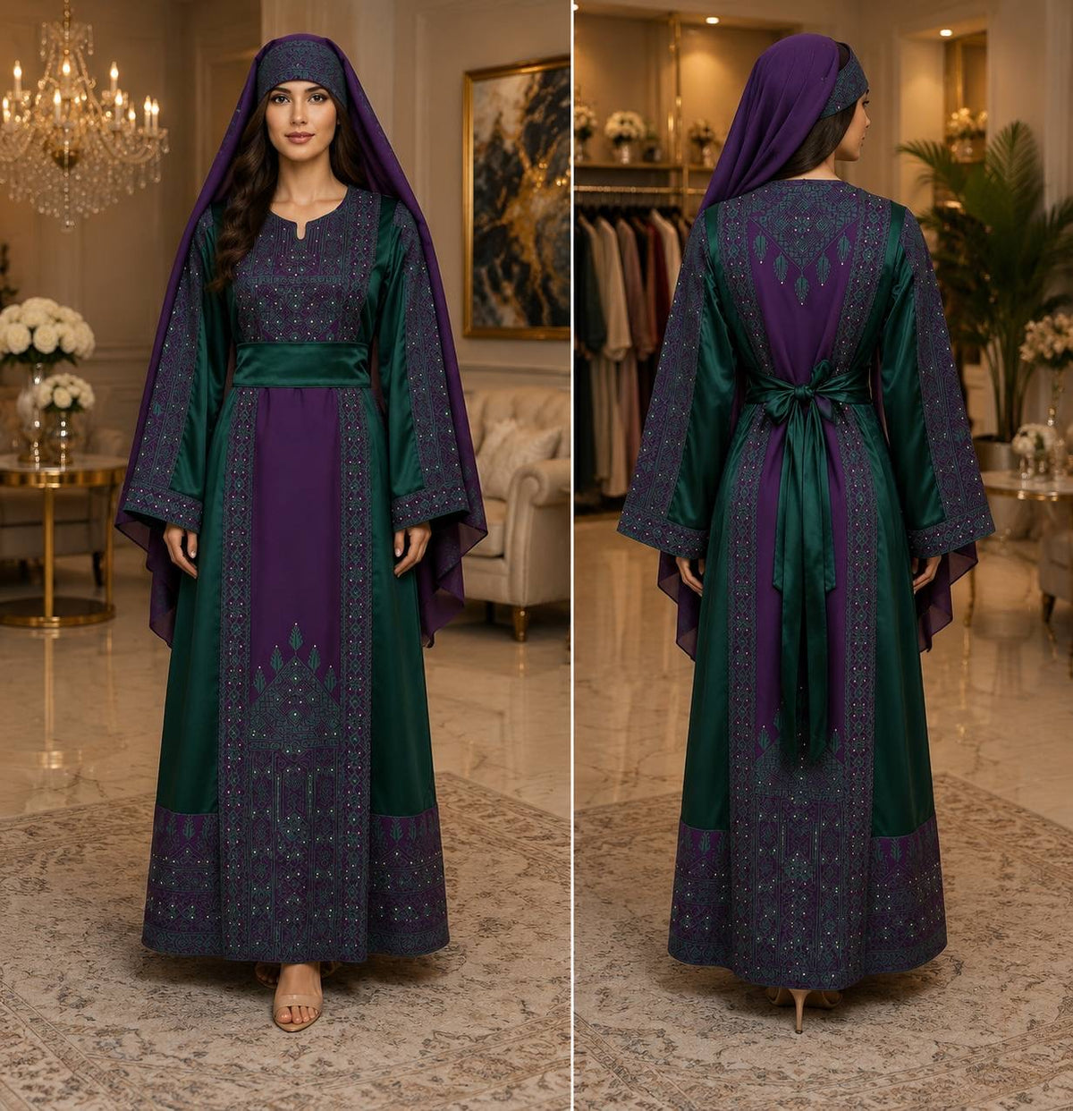 Luxury Palestinian Embroidered Heritage Dress with Matching Head Cover