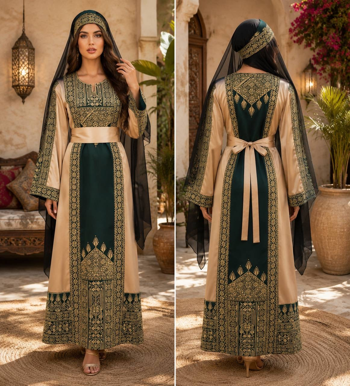 Luxury Palestinian Embroidered Heritage Dress with Matching Head Cover