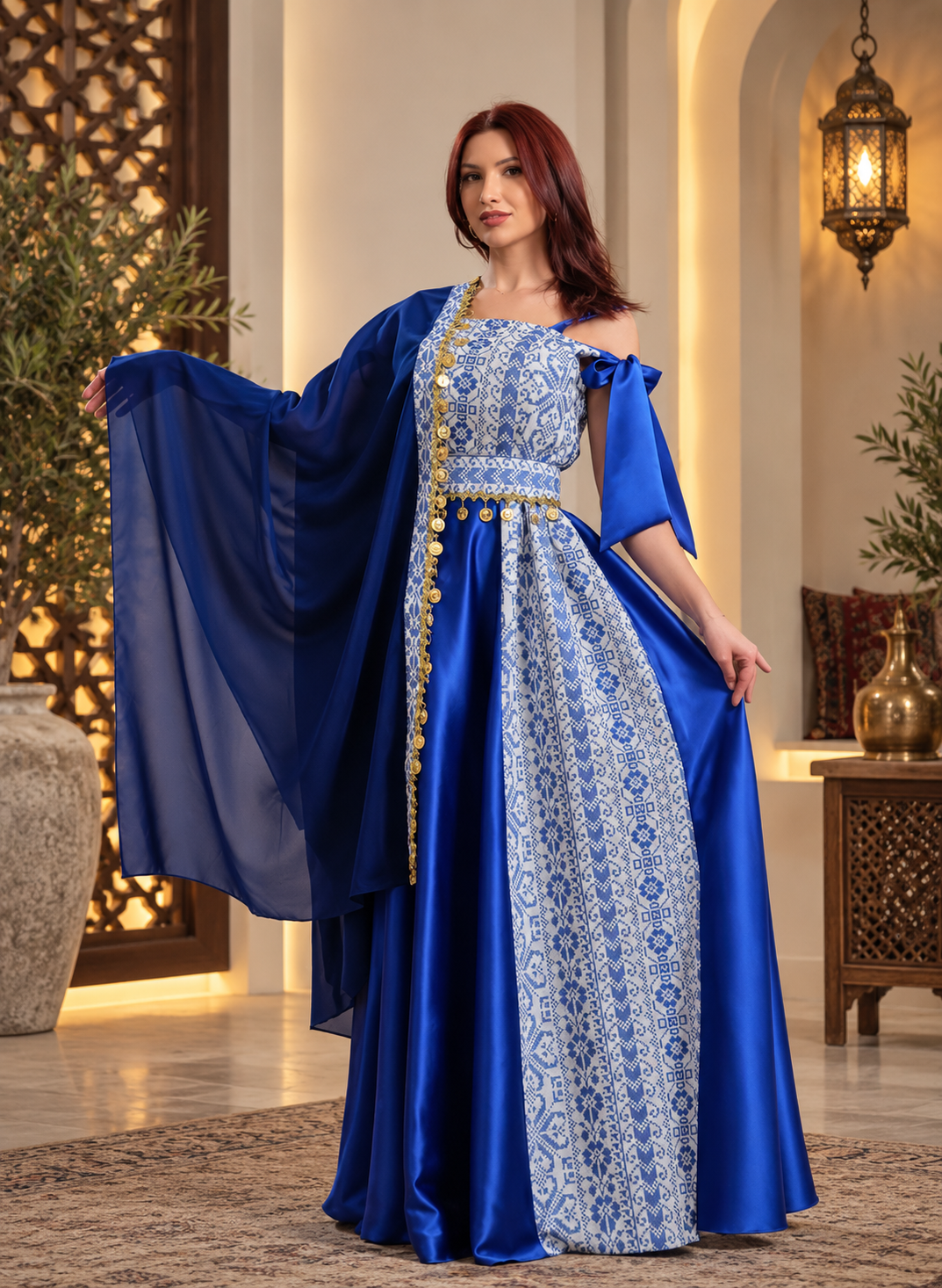 Indigo Palestinian Heritage Embroidered Satin Dress