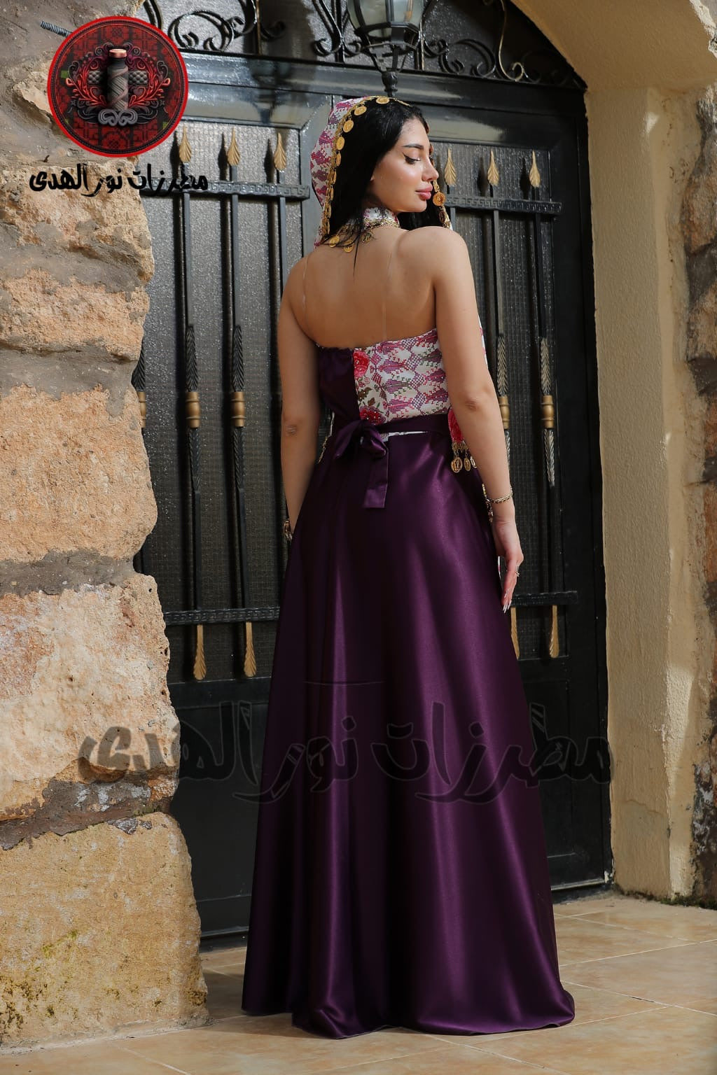 Satin Oriental Embroidered Henna Dress with Traditional Coin Details | Luluat Al-Sham Dress