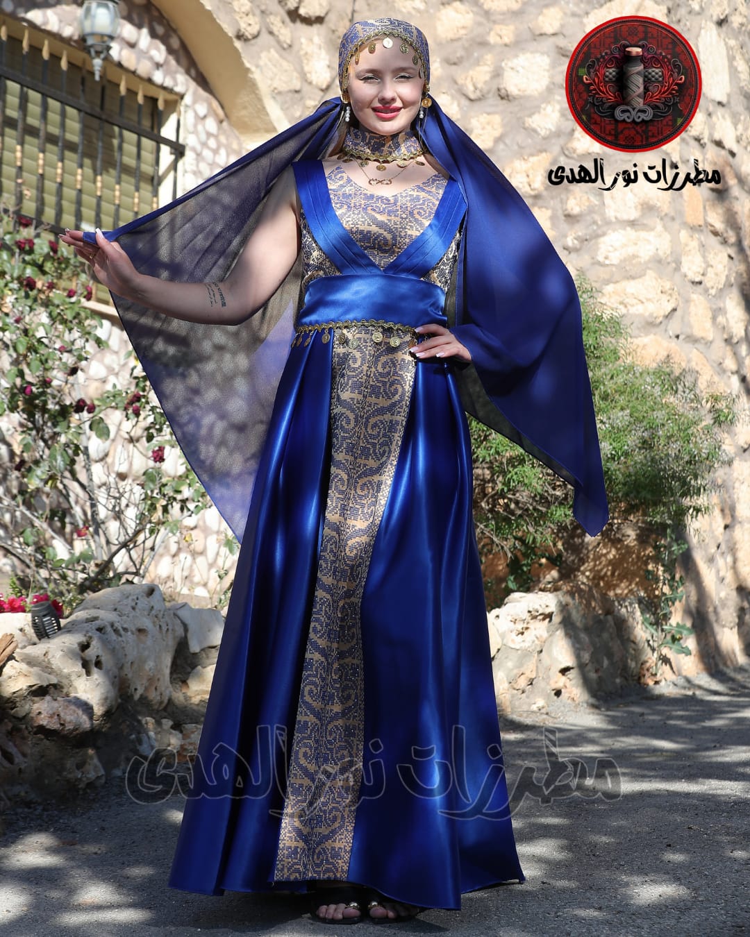 Satin Oriental Embroidered Thobe with Draped Veil Styling and Gold Coin Accents | Al Sundus Thobe