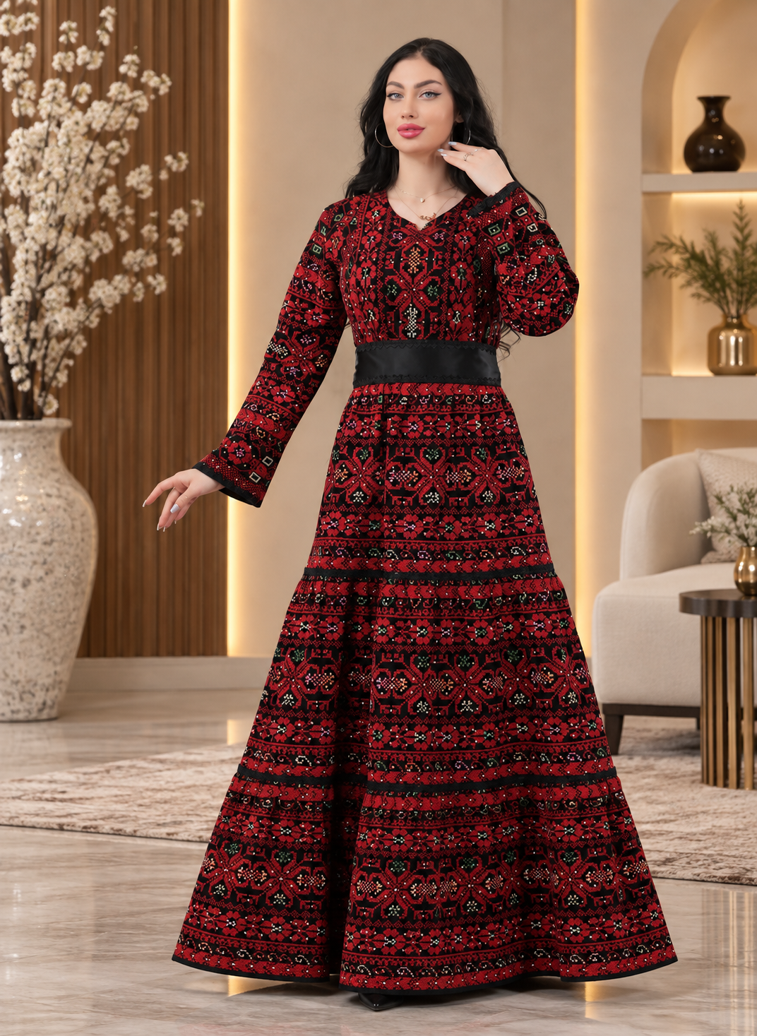 Elegant Red & Black Palestinian Embroidered Maxi Dress – Traditional Heritage Evening Dress