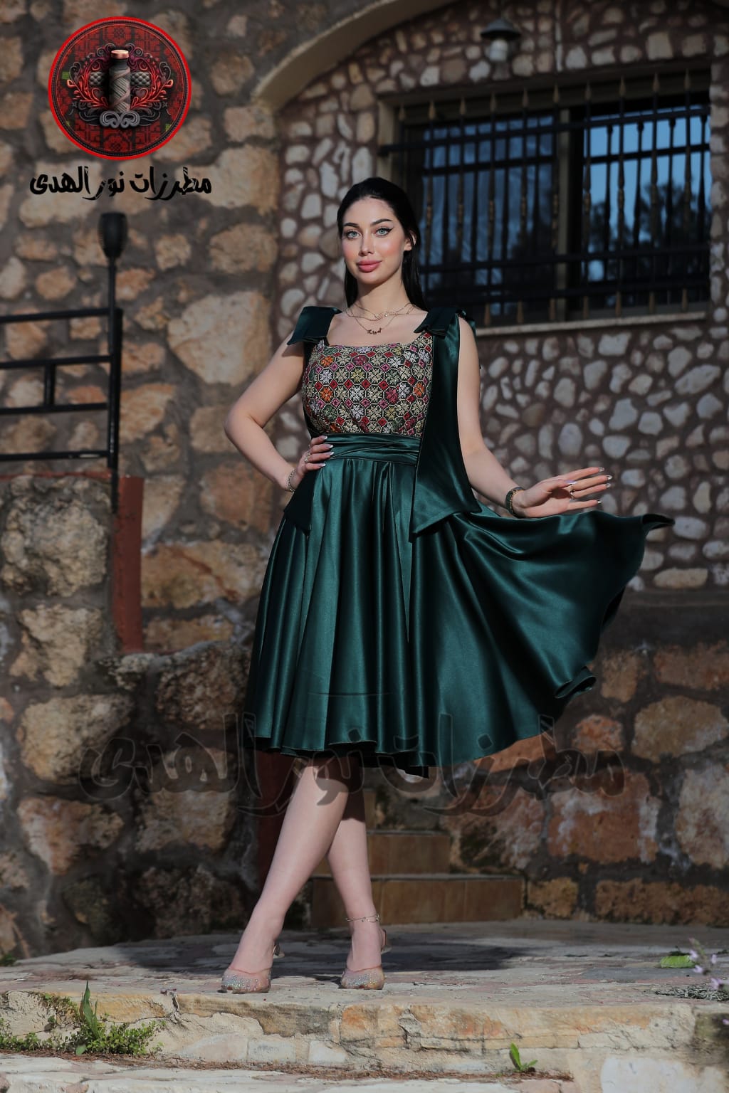 Elegant Embroidered Satin Dress with Statement Bow Straps