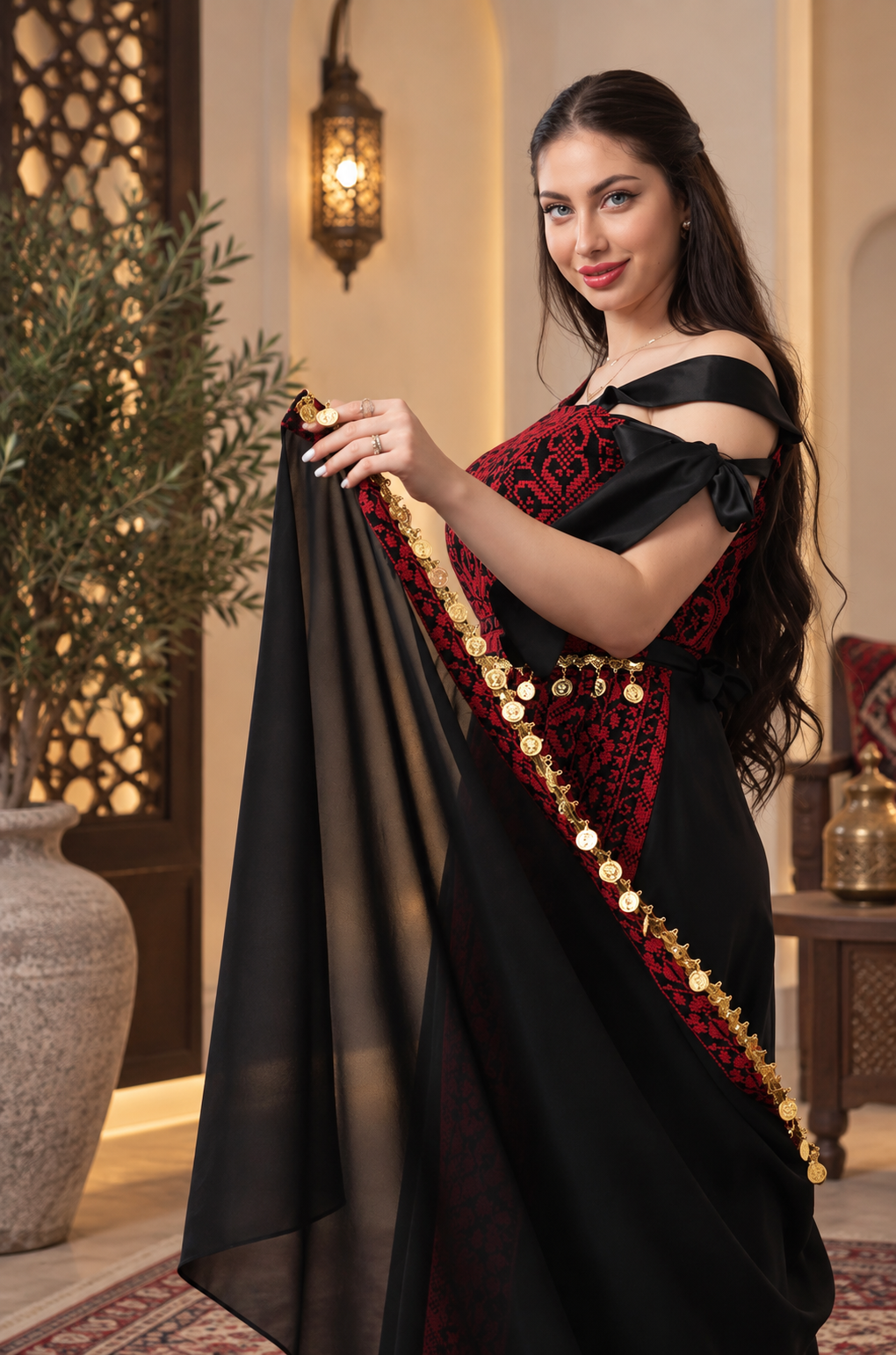 Embroidered Henna Bride Dress – Black & Red Satin with Embroidered Head Piece