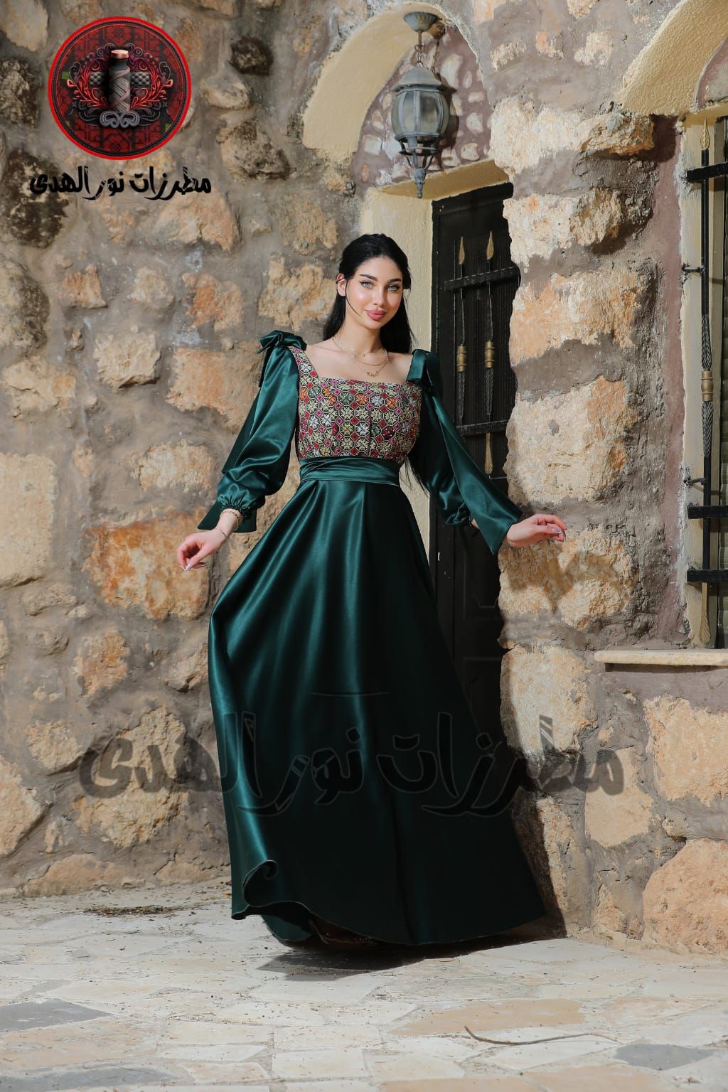Olive green long satin Oriental embroidered henna dress with fitted Tatreez-inspired bodice and flowing skirt