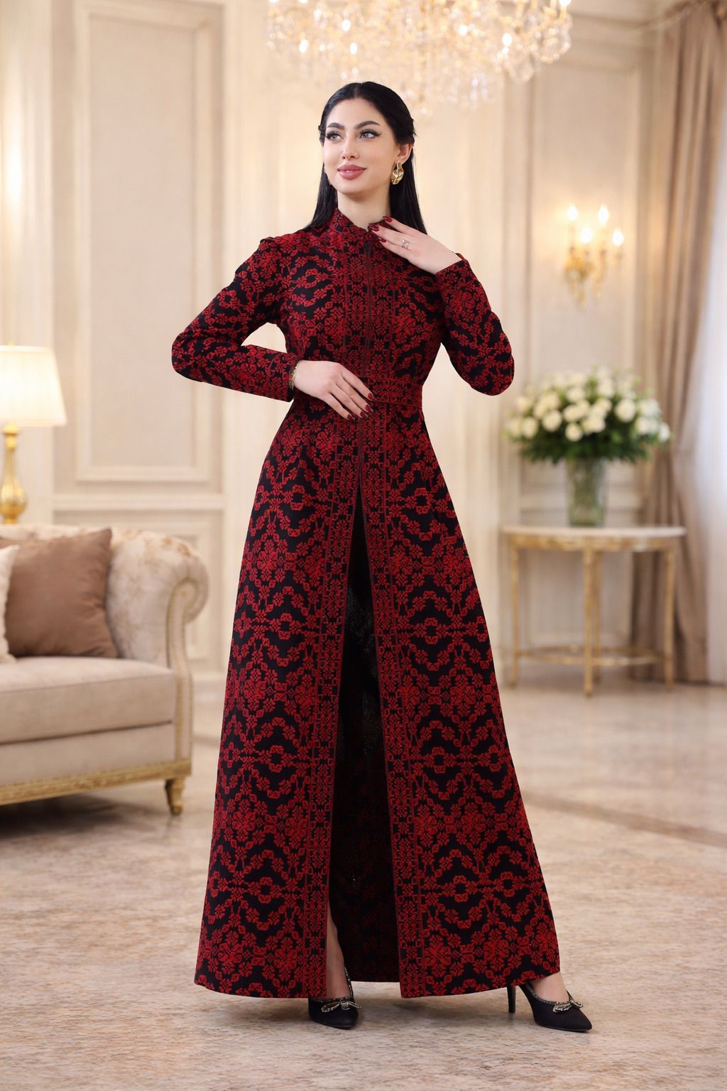Black red embroidered Palestinian kaftan dress with high neckline, long sleeves, and open-front heritage style