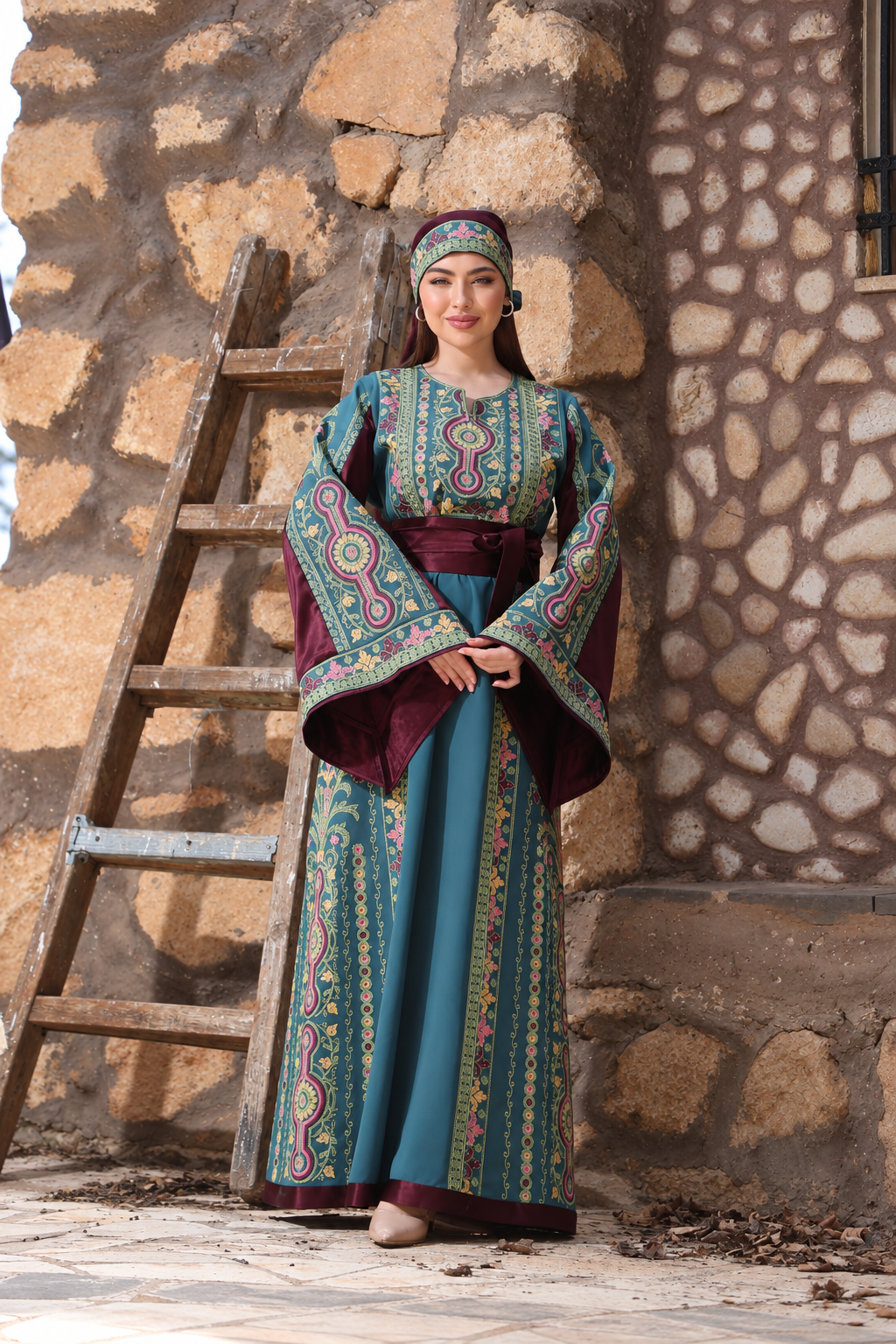 Al Sousana – Palestinian Embroidered Thobe with Matching Embroidered Headpiece in Aghabani Thread