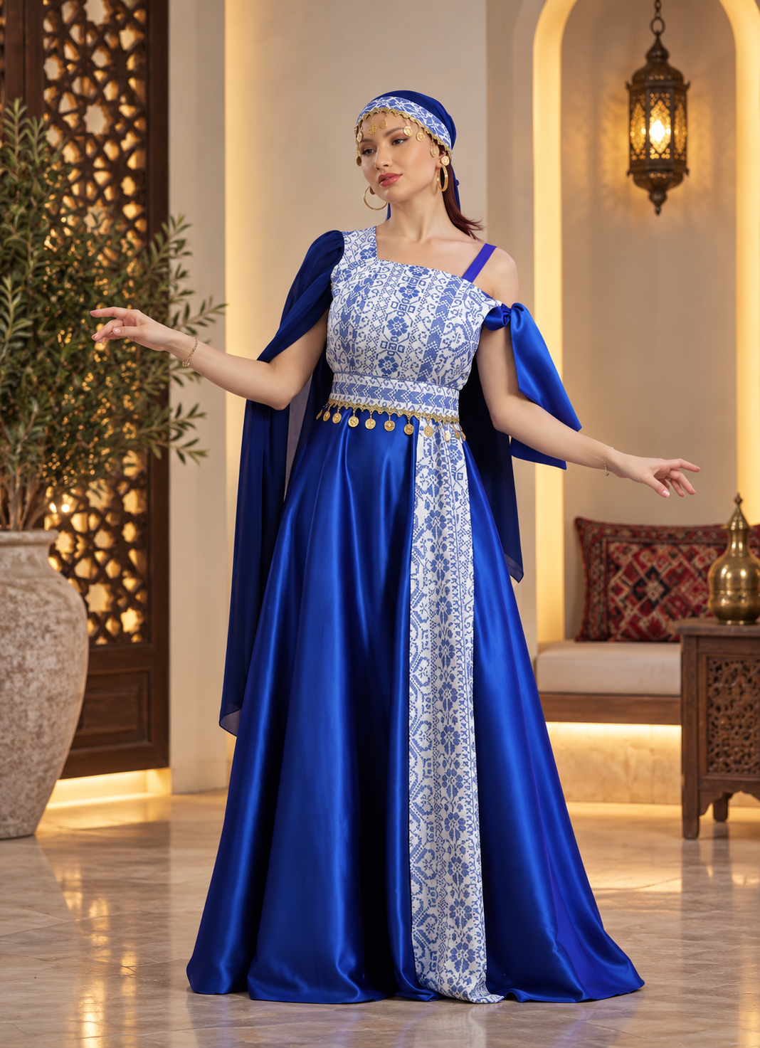 Indigo Palestinian Heritage Embroidered Satin Dress