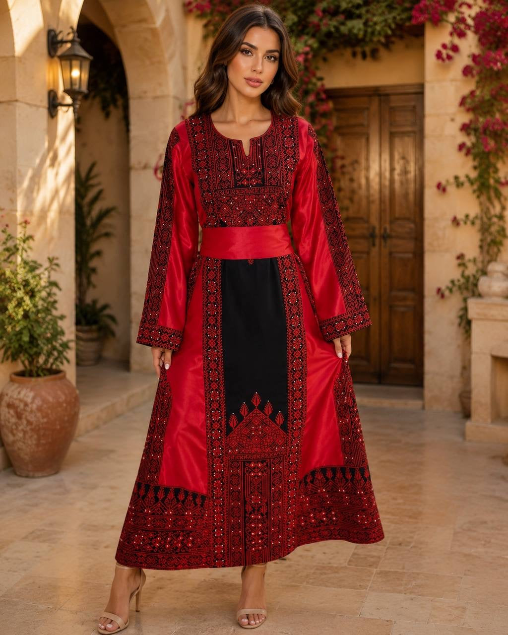 Luxury Palestinian Embroidered Heritage Dress with Matching Head Cover